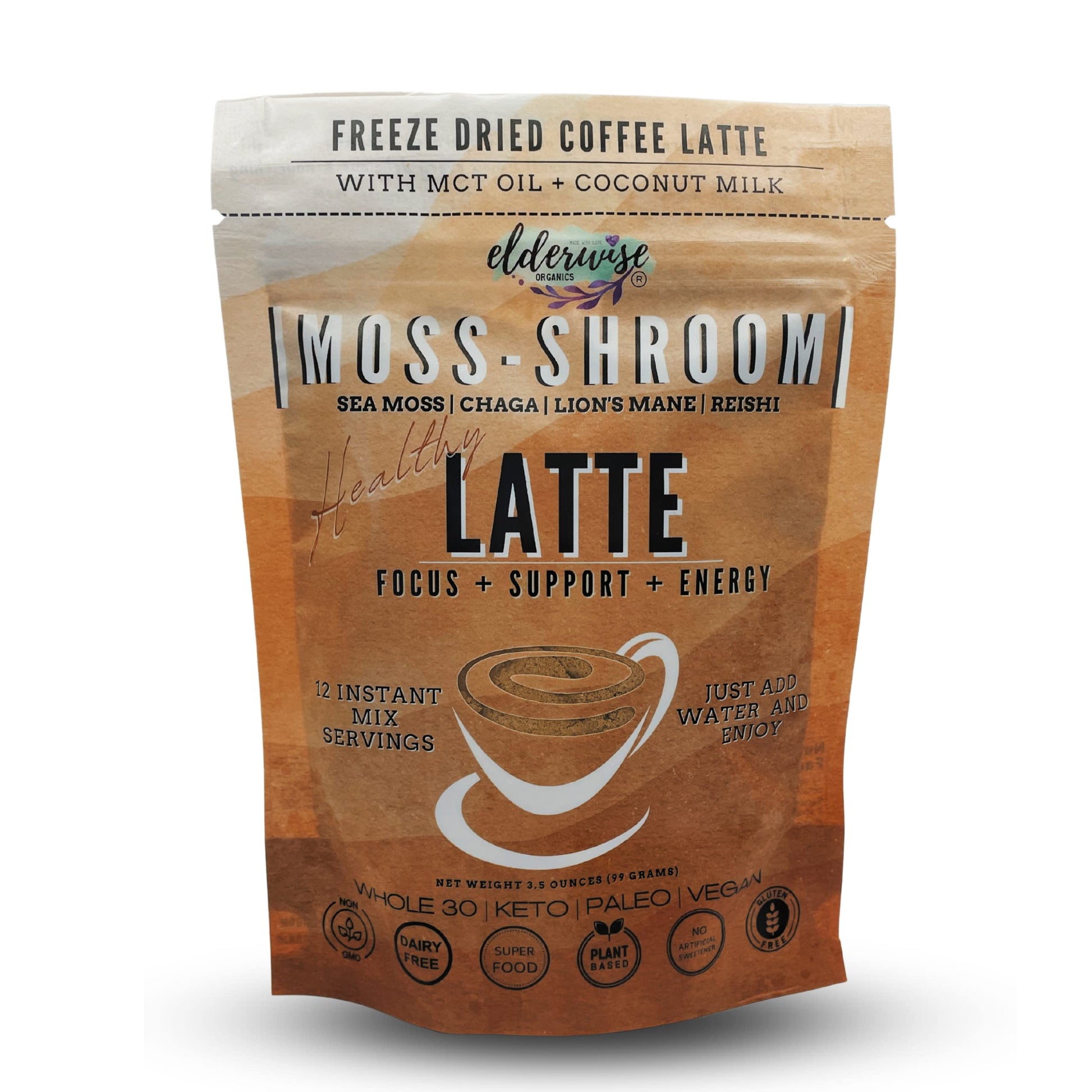 Elderwise Coffee - Latte - LionS Mane  Chaga  Reishi  Cordyceps  Mct Oil  Coconut Cream & Sea Moss - 12 Servings - Freeze Dried Instant Coffee - Chemical Free - Fair Trade