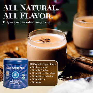 Blue Lotus Chai Tea - Organic Masala Chai Powder, 2 oz - Instant Spiced Tea, Makes 65 Cups, Gluten-Free Indian Beverage