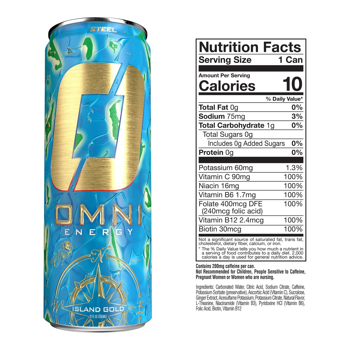 Steel dietary products OMNI Energy Drink - Island Gold, 12 Oz, Pack of 12, 200mg Caffeine, Sugar-Free, Low Calorie