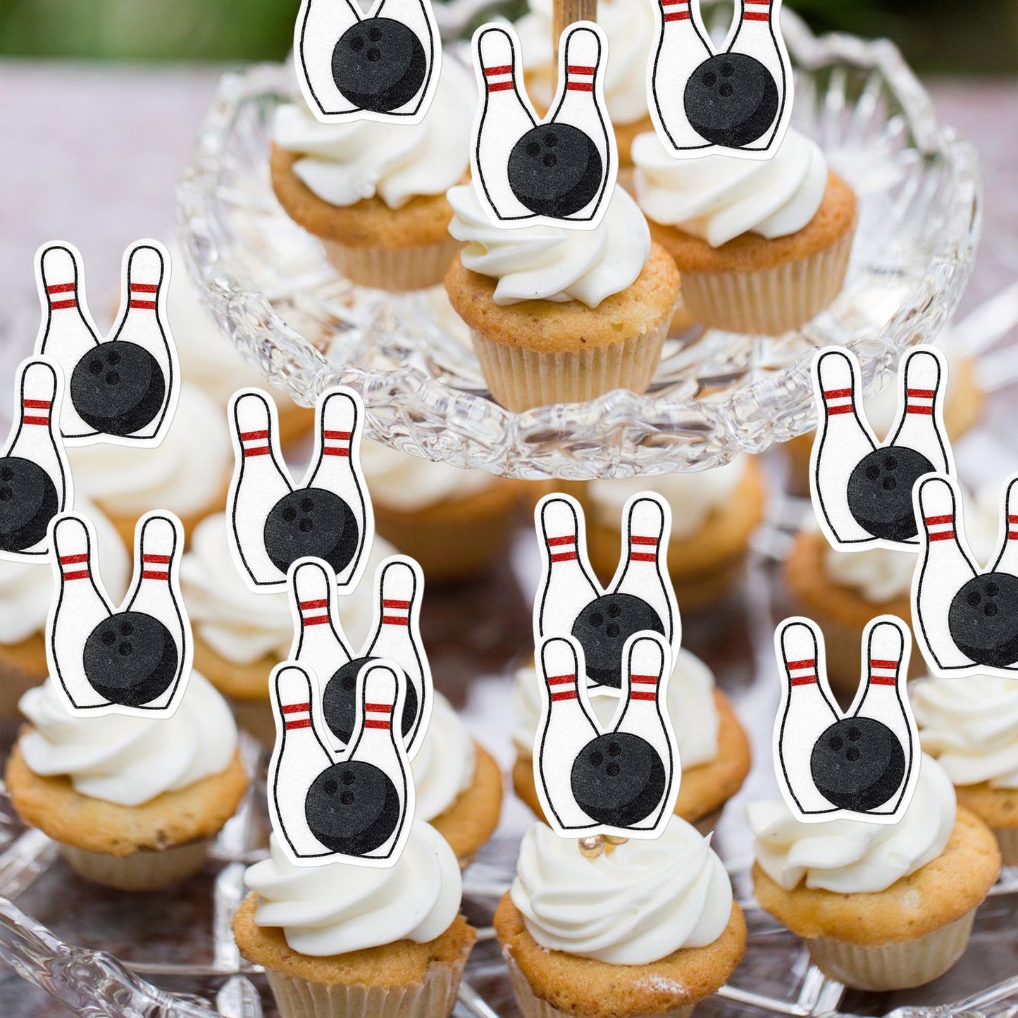 Rssta i 48 Pack Edible Bowling Cupcake Toppers - Sport Themed Decorations, 1.2x1.8 inch, Perfect for Birthday Parties & Baby Showers