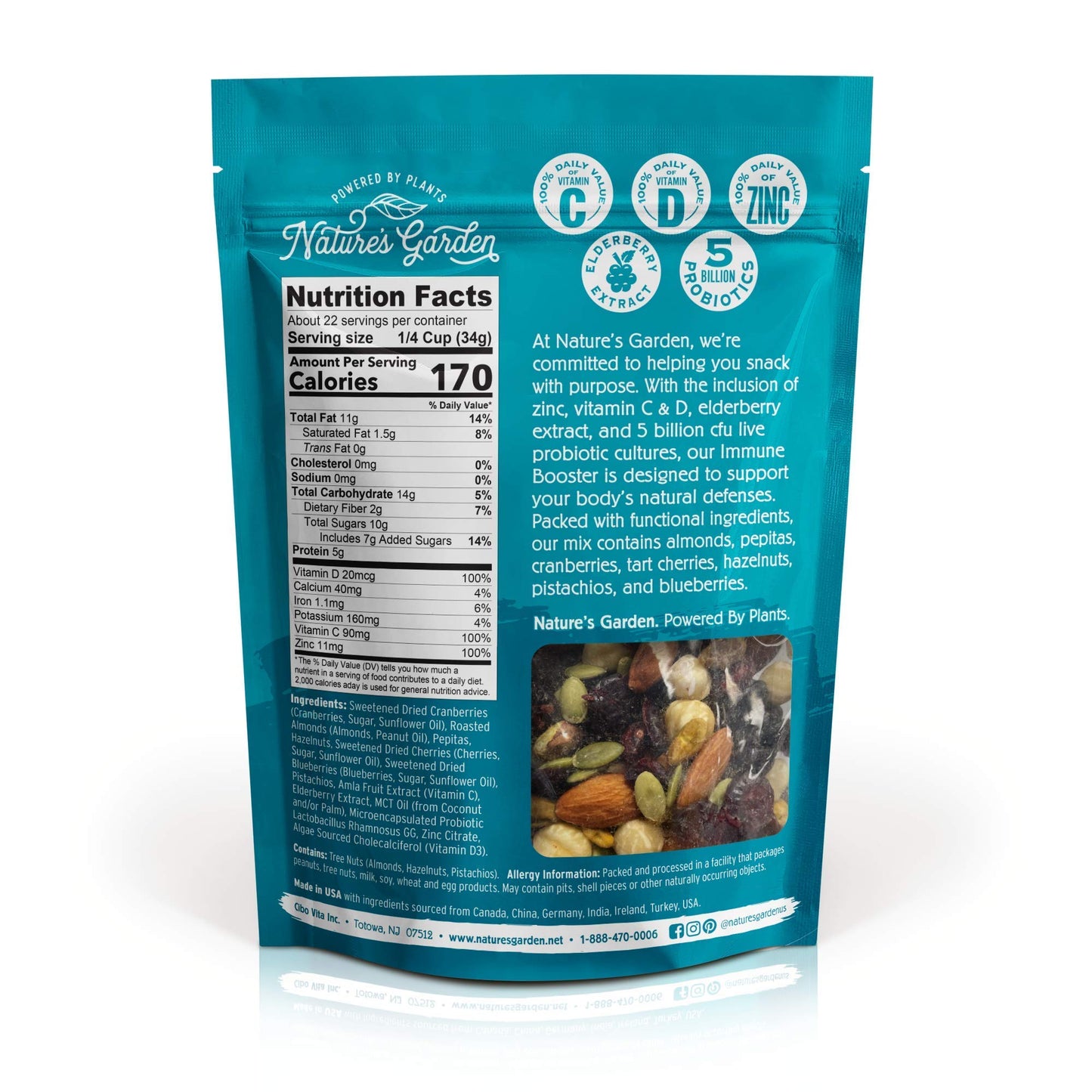 Natures Garden Probiotic Immune Booster - Mixed Nuts, Heart Healthy Nuts, Omega-3 Rich, Vitamin D, Cranberries, Tart Cherries,