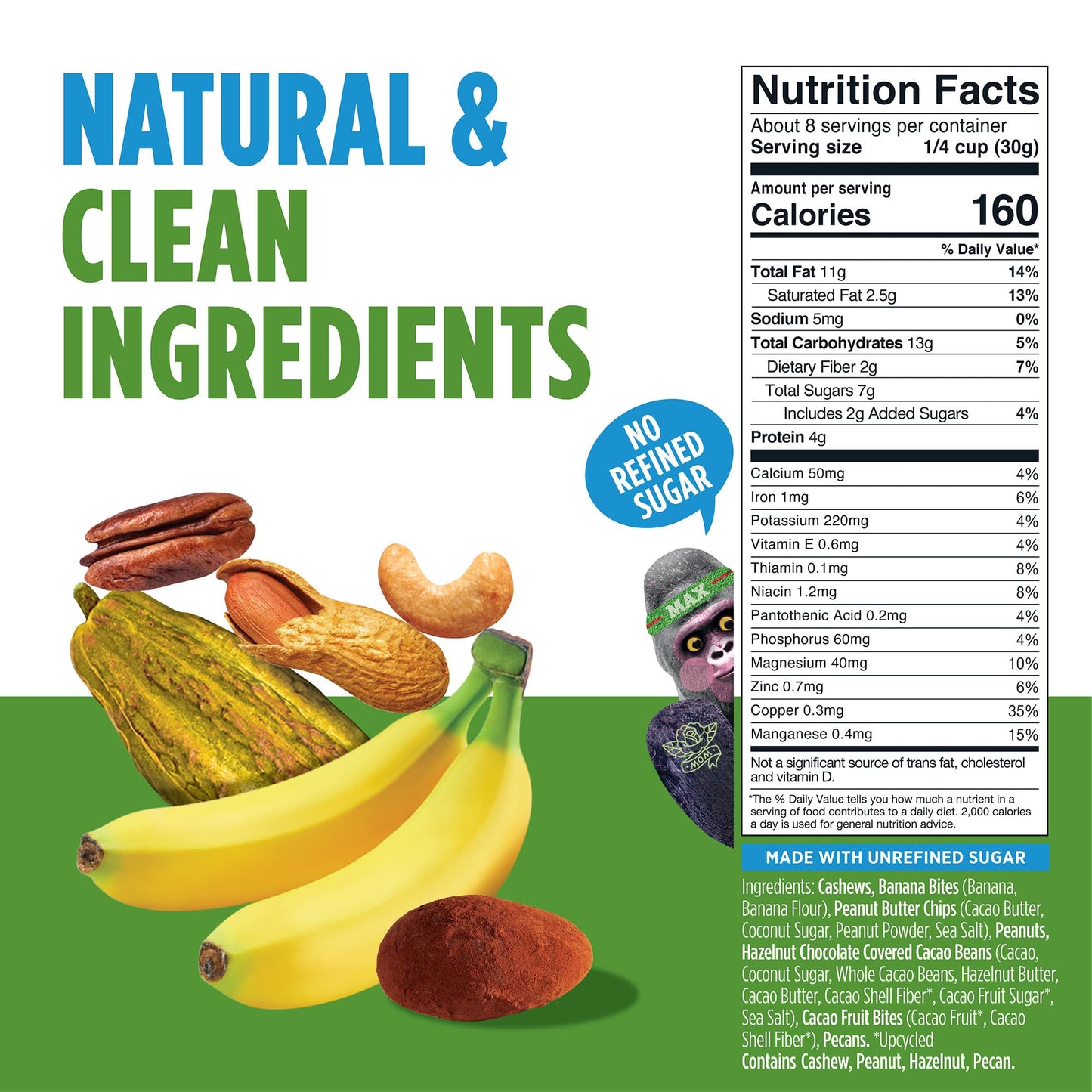 Blue Stripes - Trail Mix, Peanut Butter Banana, Cashews, Peanut Butter Chips, Healthy Snacks for Adults, Whole 70% Cacao, With U