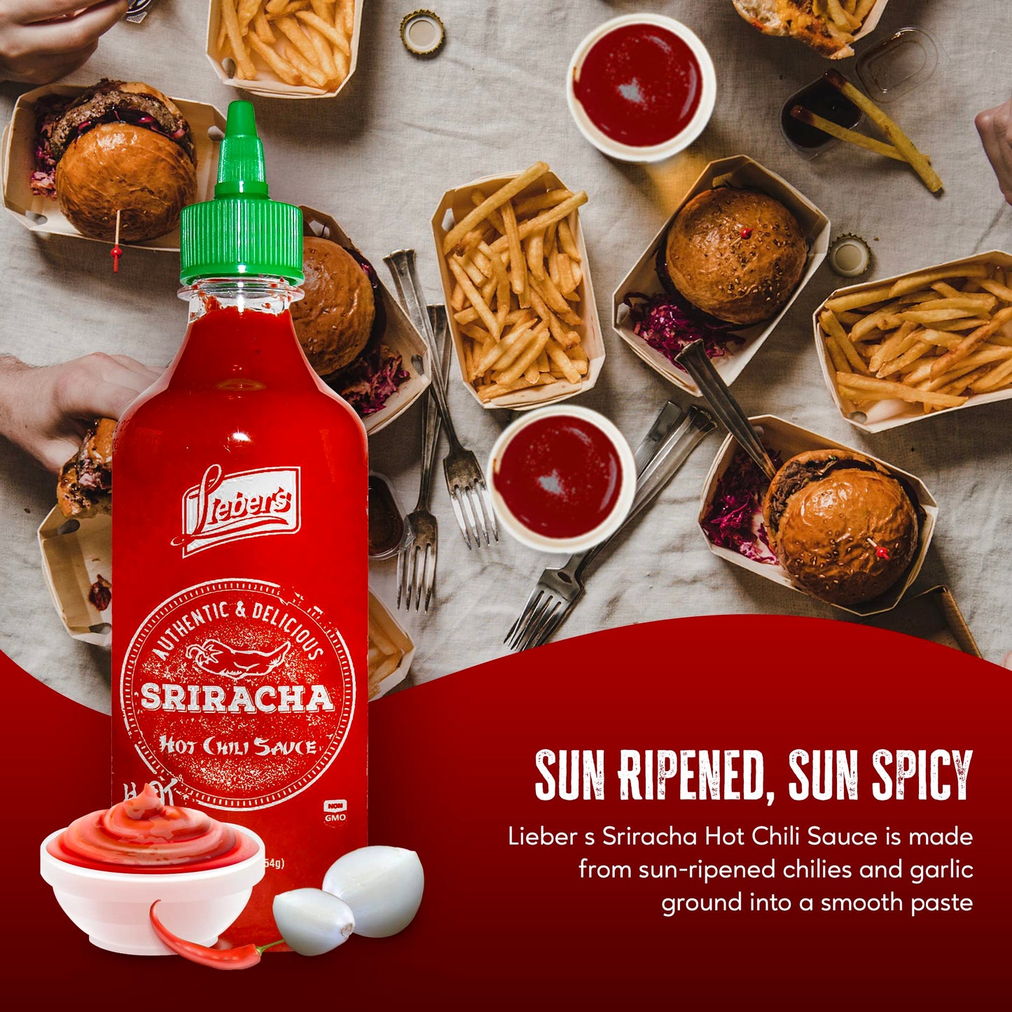 Lieber's Sriracha Hot Chili Sauce, Authentic And Delicious, Non-GMO, No MSG, Gluten-free, Cholesterol-free, and Vegan, NET WT. 1