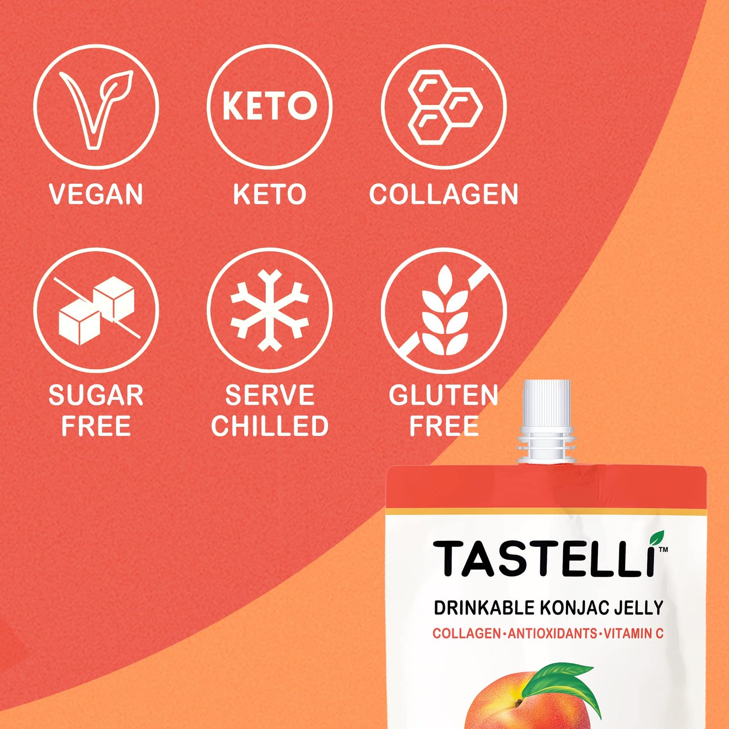 Tastelli Konjac Jelly Drink with Collagen + Vitamin C, 10 Calories, Vegan, Peach, 150mL x 10 Pouches