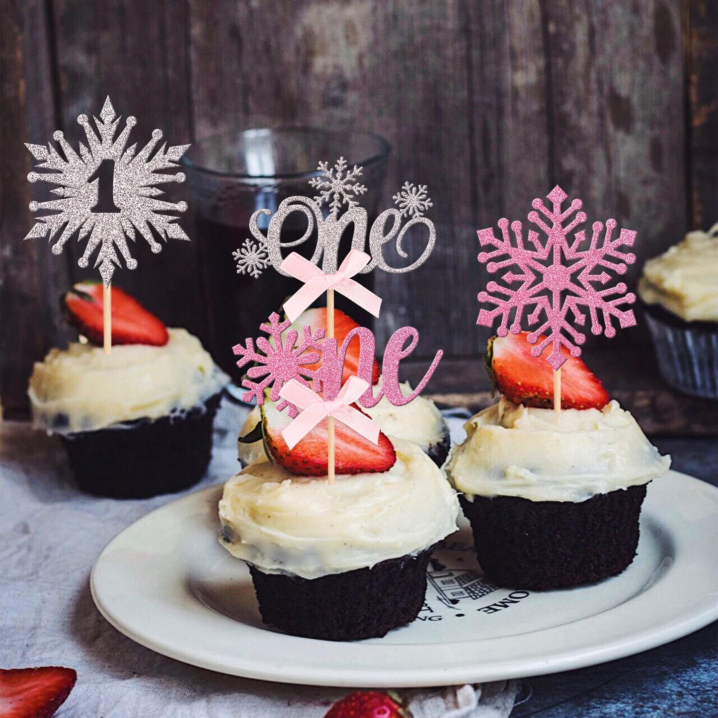 24 Pcs Snowflake 1St Birthday Cupcake Toppers Glitter Bow First Birthday Snowflake One Cupcake Picks For Winter Onederland Theme