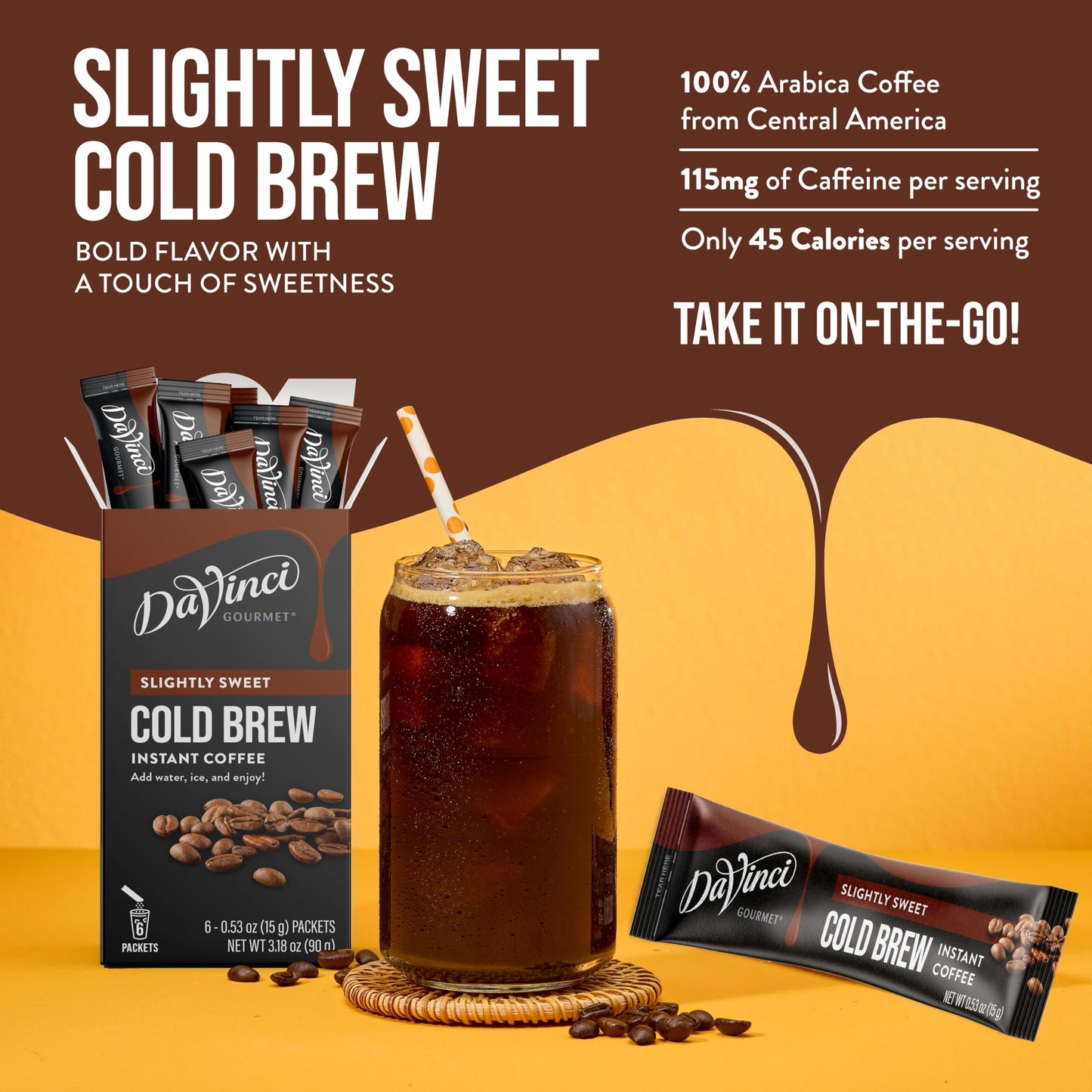 DaVinci Gourmet Cold Brew Coffee Stick Packs, Slightly Sweet, 6 Count, Instant Coffee, Coffee Flavor