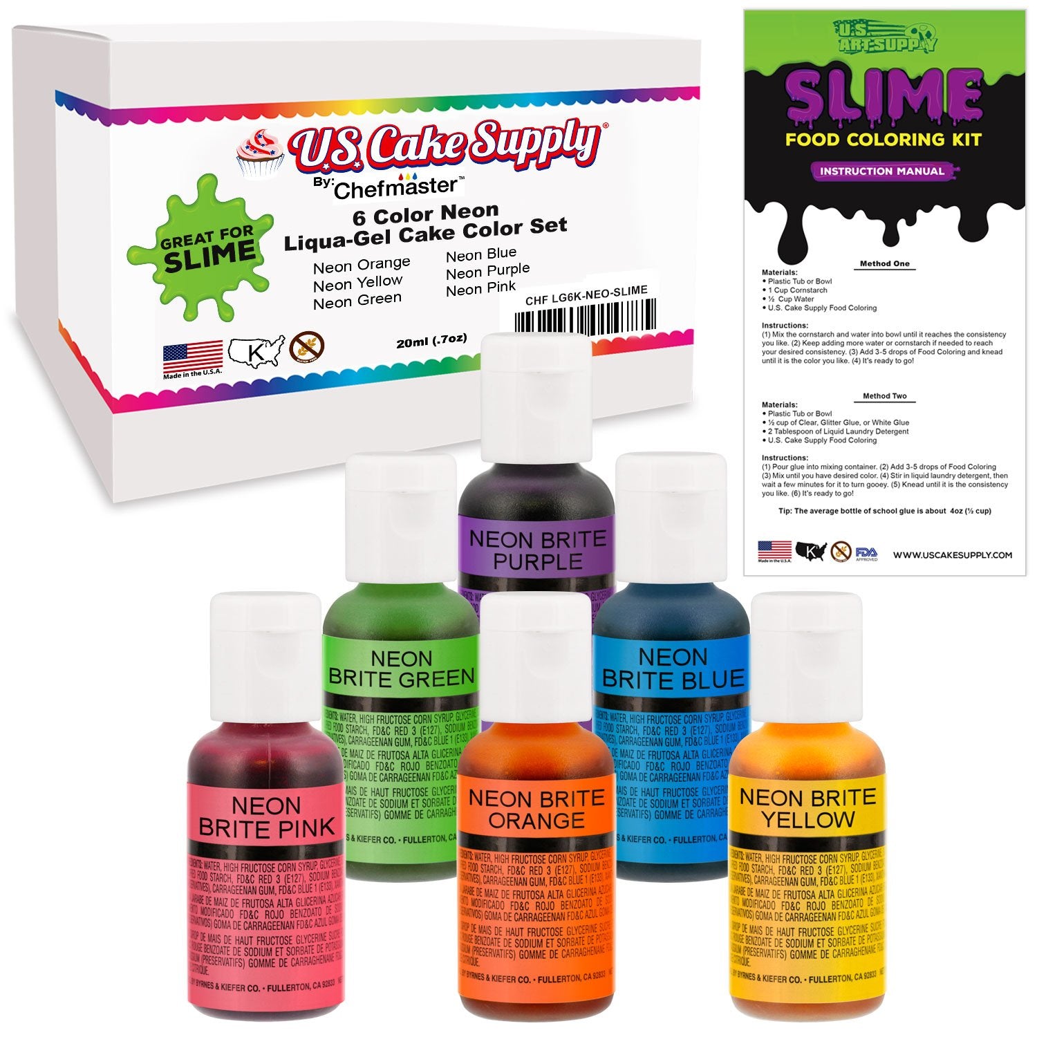 6 Neon Colors Food Coloring Liqua-Gel Decorating Kit - U.S. Art Supply Food Grade, 0.75 fl. oz. (20ml) Bottles, Non-Toxic Neon C