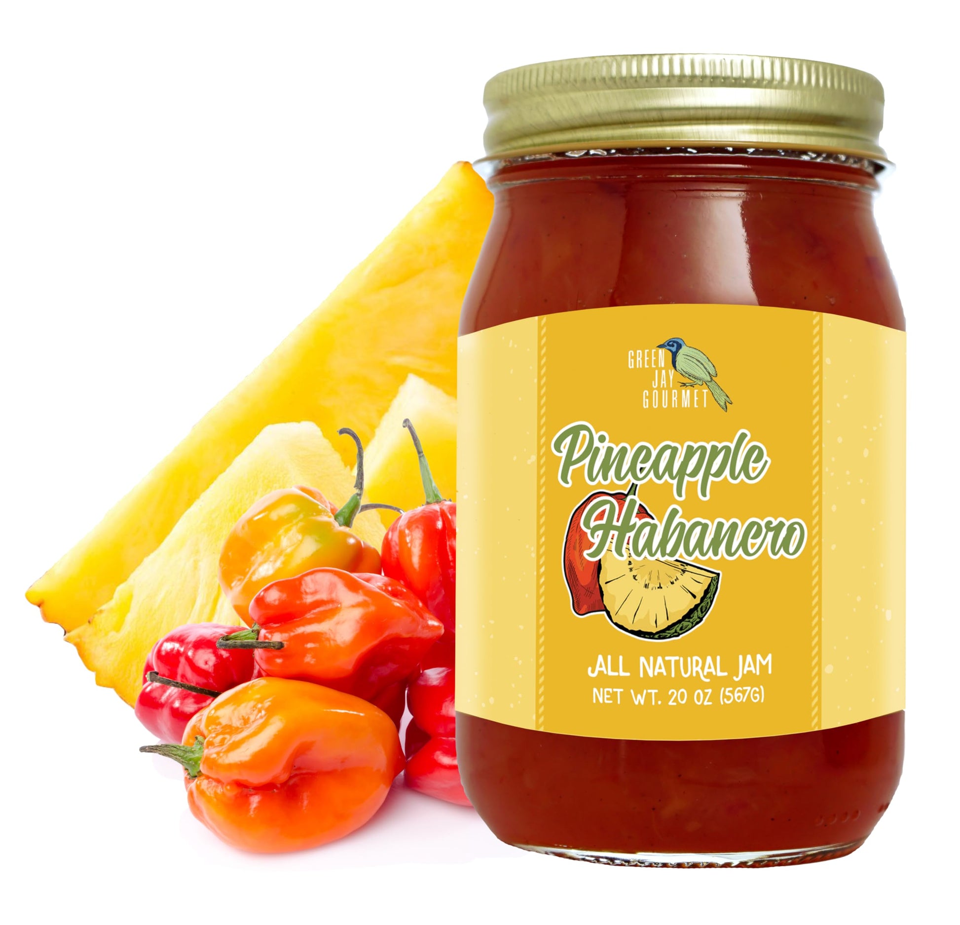 Green Jay Gourmet Pineapple Habanero Jam, All-Natural, Vegan, Gluten-Free, 20 Ounces