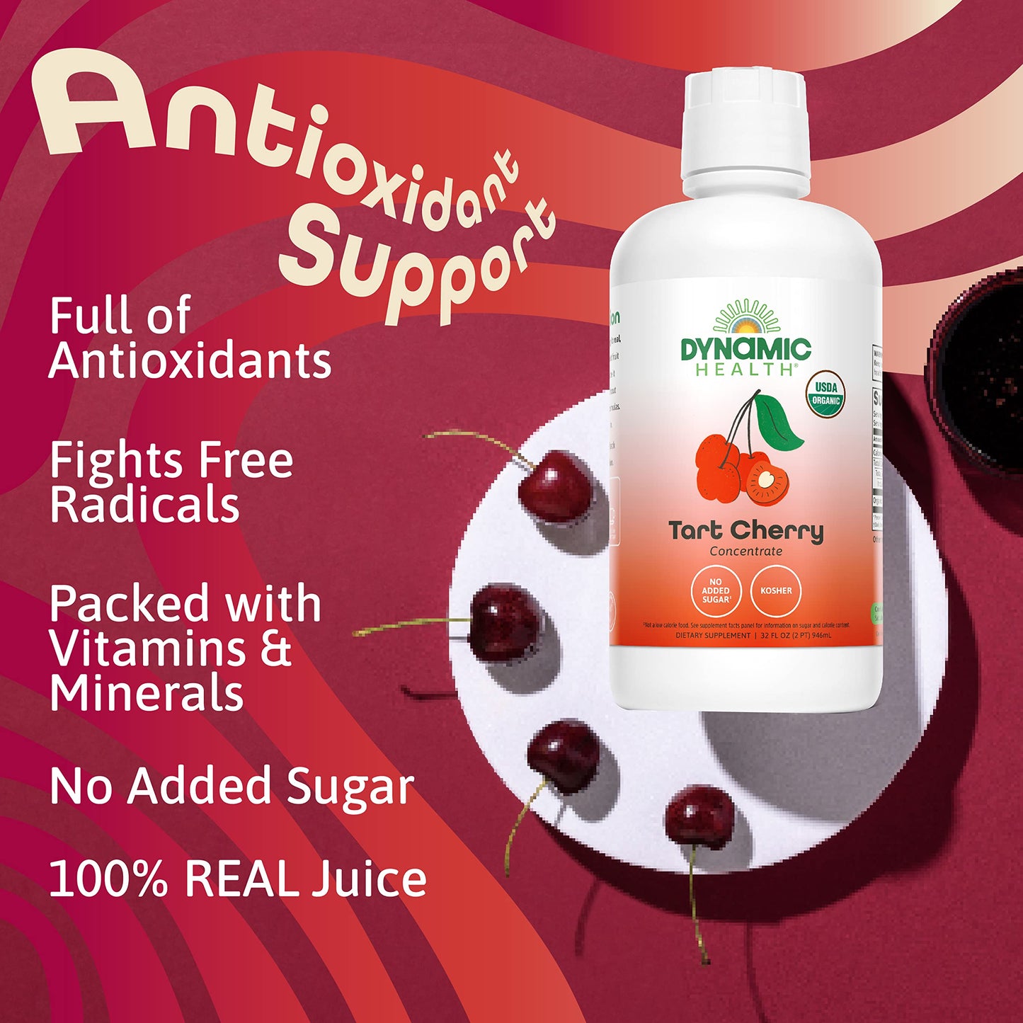 Dynamic Health Organic Tart Cherry Juice, Unsweetened 100% Juice Concentrate, Antioxidants Nutrition Product, No Sweeteners Or Additives, Vegan, Gluten Free, Bpa Free (32Oz)