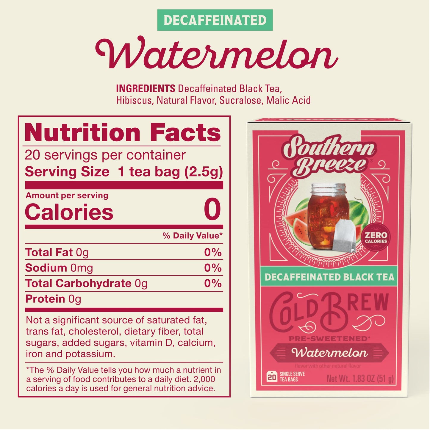 Southern Breeze Cold Brew Sweet Tea Watermelon Iced Tea With Black Tea And Zero Carbs Zero Sugar, 20 Individually Wrapped Tea Bags Southern Sweet Tea Iced Tea Beverage