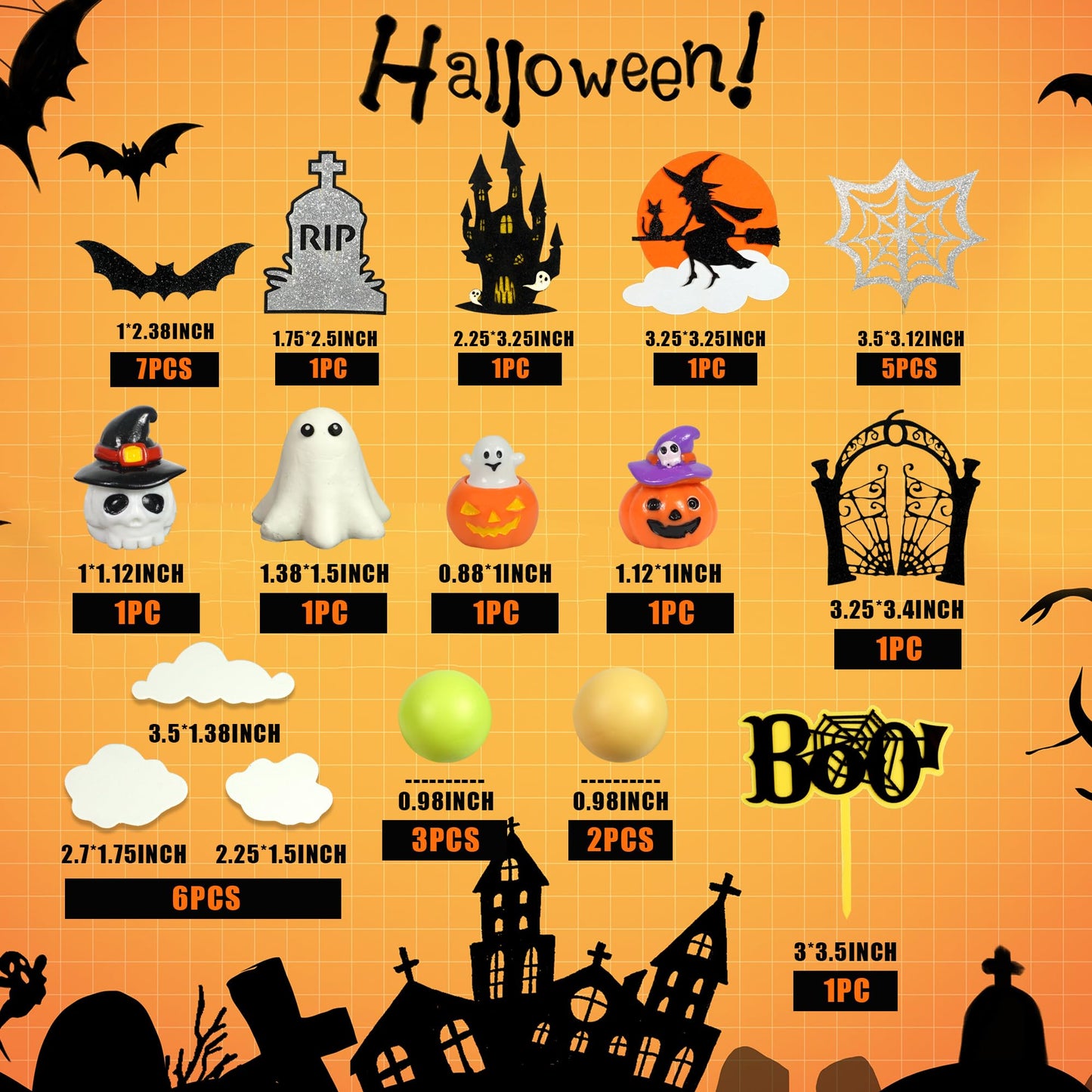 DRWATE Halloween Cake Toppers Set, Pumpkin Ghost Skull Spider Decorations, Orange Black Purple, Paper, for Trick-or-Treat Party Supplies