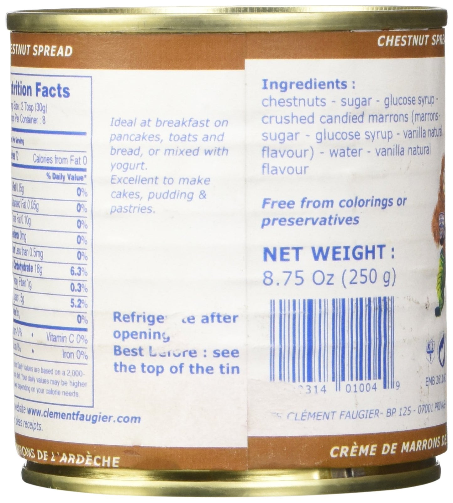 Clement Faugier Gourmet Chestnut spread with vanilla from France 8.8oz