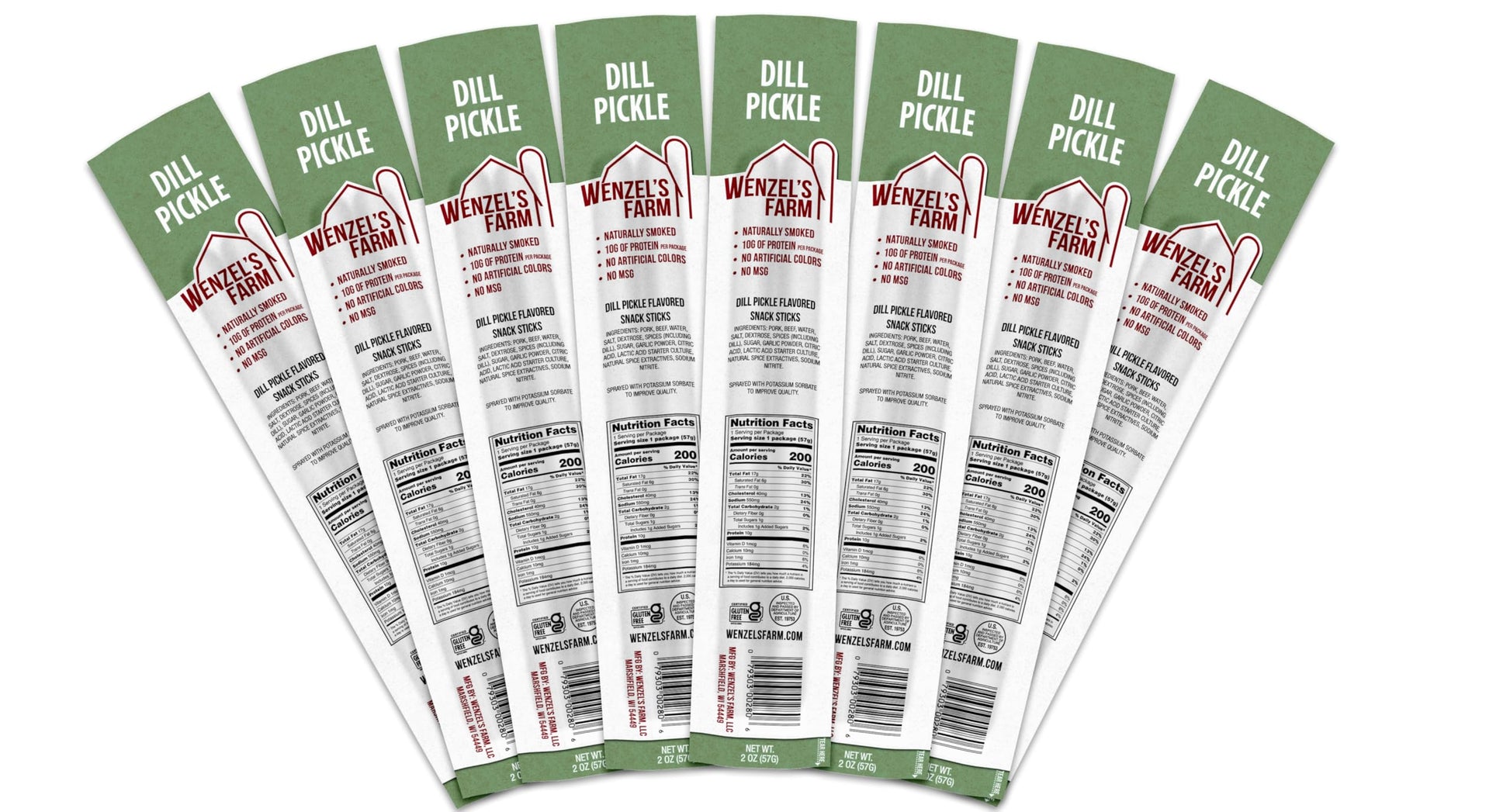 Wenzels Farm Dill Pickle Snack Sticks, High Protein, Gluten Free, 16 oz (8 packs of 2)