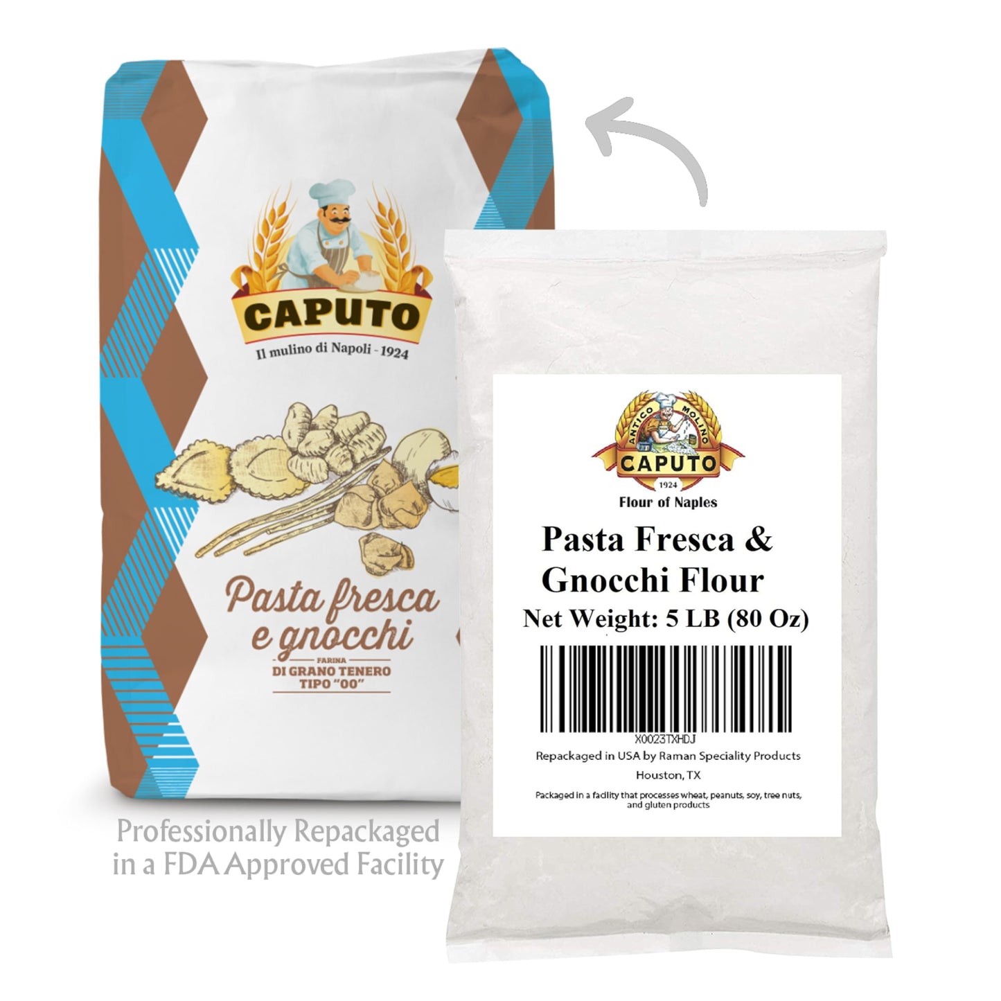 00 Antimo Caputo Pasta & Gnocchi Flour 5 Lb Repack- Italian Double Zero Grain Type - Extracted Wheat Blend - All Natural For Pasta Fresca Dough (5Lb Repack)
