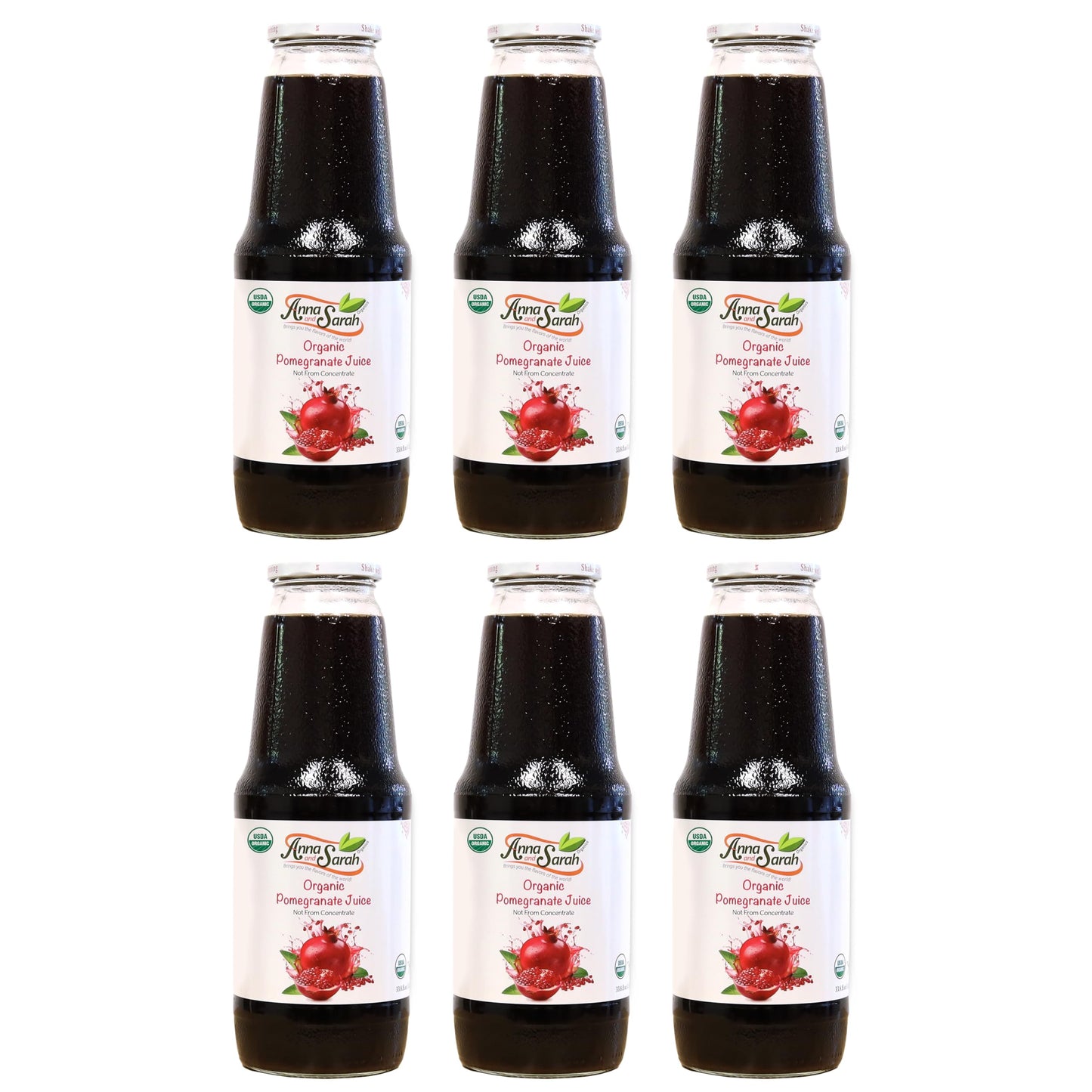 Anna and Sarah 33.8 Oz Organic Pomegranate Juice - USDA Organic Certified - Glass Bottle (6 Pack) No Sugar, No Artificial Colors