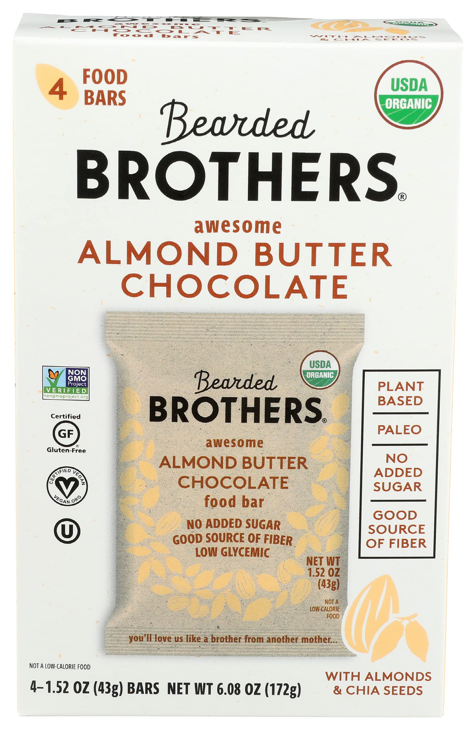BEARDED BROTHERS Organic Almond Butter Chocolate Food Bars, 6.08 OZ