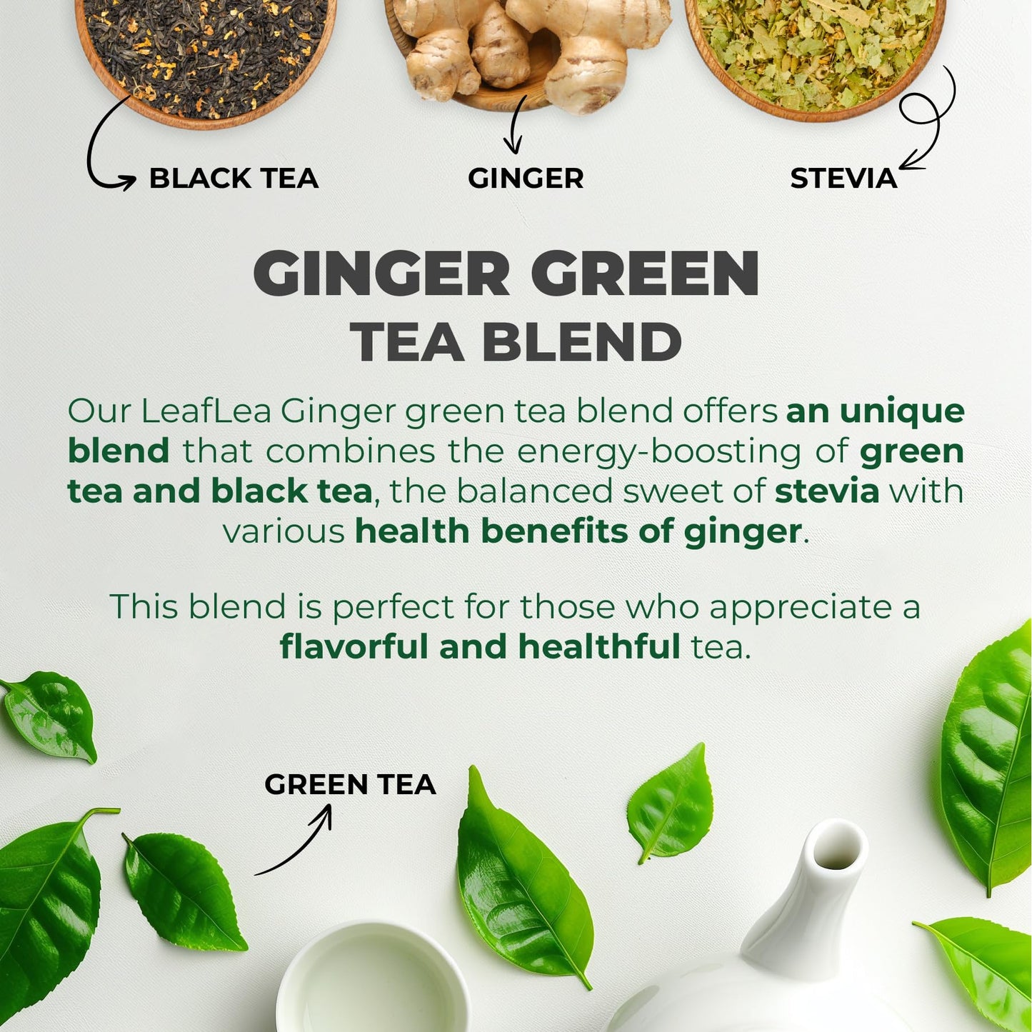 LeafLea Ginger Green Tea, 40 Individually Wrapped Bags, Soothing Green Tea Blend, Low Caffeine, Sugar-Free
