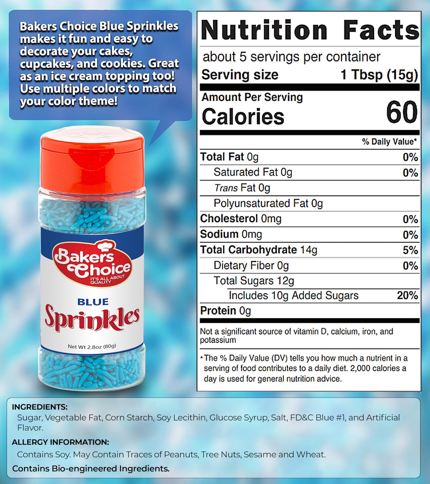 Bakers Choice Blue Sprinkles For Baking - Jimmies Sprinkles For Ice Cream Toppings - Dairy Free, Kosher 2.8 Oz.