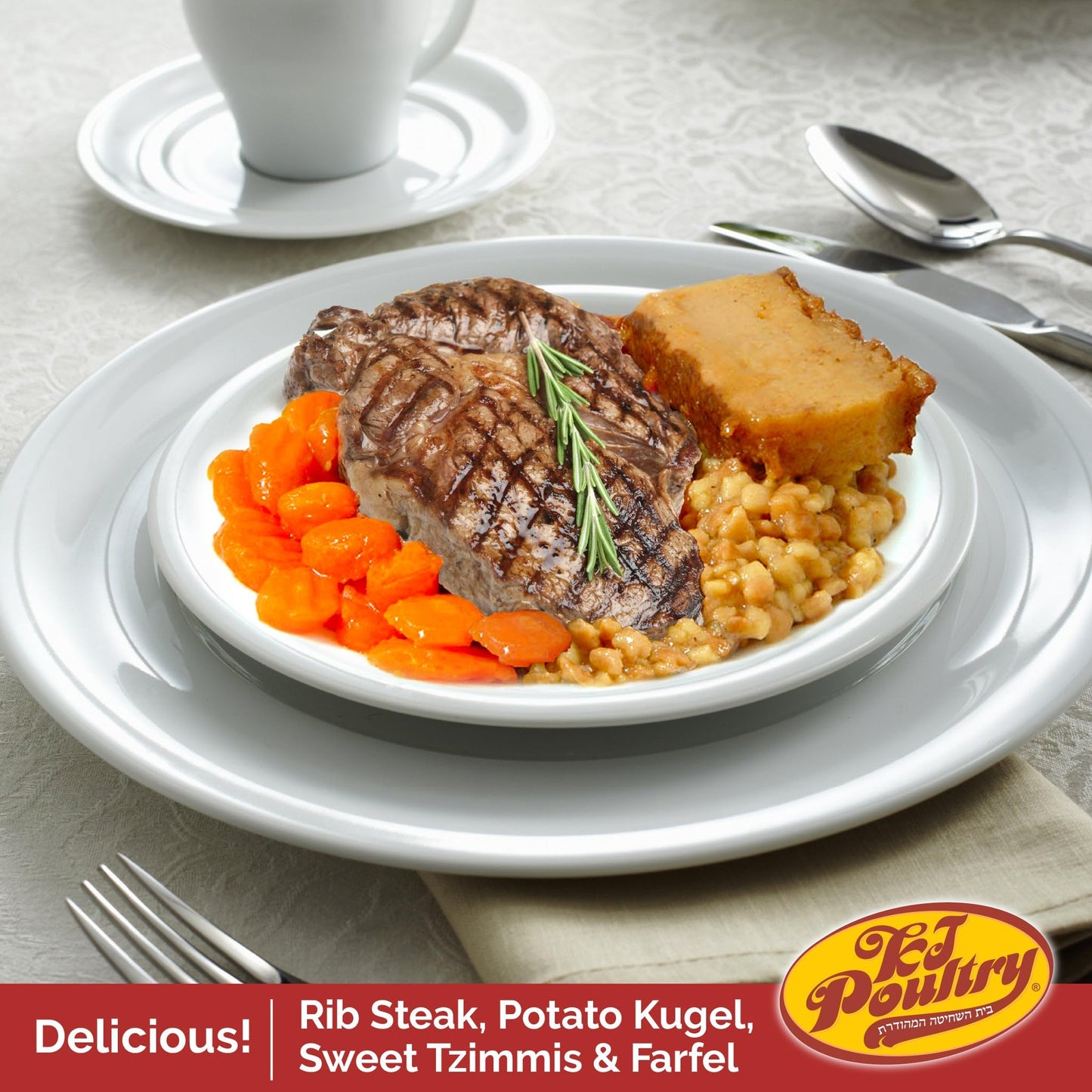 KJ Poultry Kosher Ready Meals - Beef Rib Steak & Kugel, MRE Meat Meals Ready to Eat, Shabbos Food (1 Pack) Prepared Entree Fully