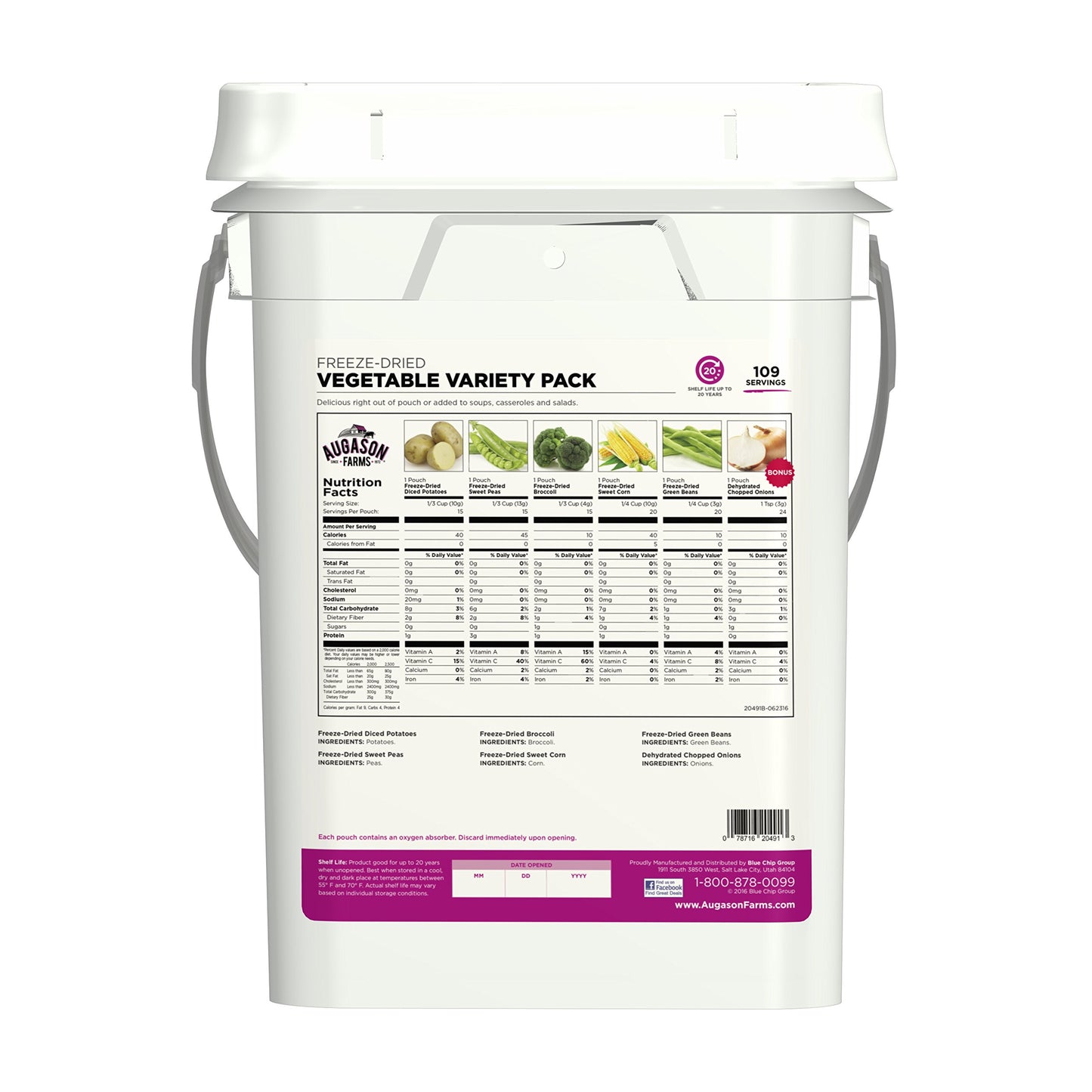 Augason Farms Freeze Dried Vegetable Variety Pail, Emergency Food Supply, Everyday Meals, 109 Servings