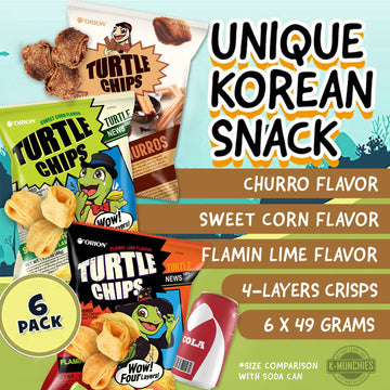 K-Munchies Orion Turtle Chips - 6 Variety Packs, 49G - Churro Chips (2), Sweet Corn Chips (2), And Flamin' Lime Korean Chips (2)