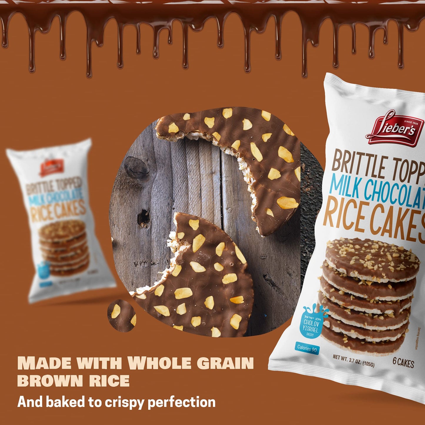 Liebers Thin Chocolate Rice Cakes, Kosher Certified Dairy And Dairy Free Options, Gluten Free Snack Pack Of 3 (Brittle Topped Mi