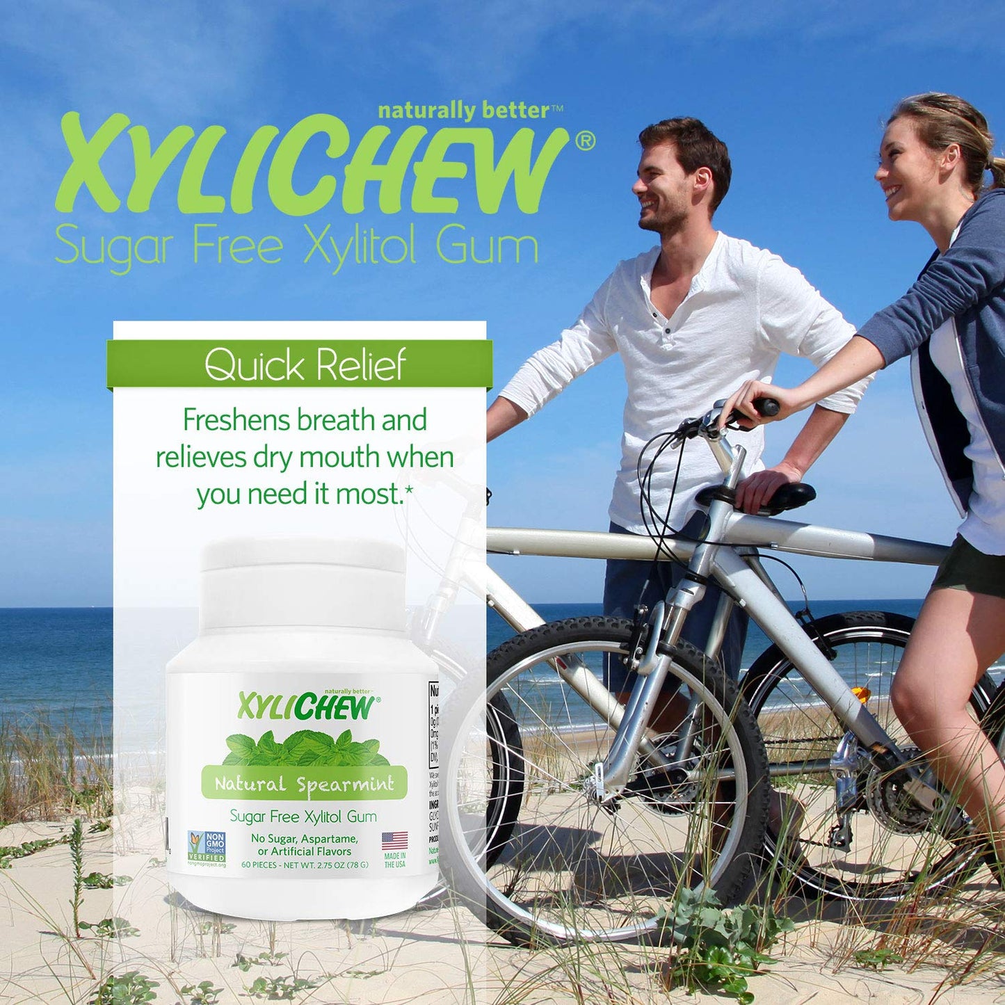 Xylichew Spearmint Xylitol Chewing Gum - Non GMO, Sugar Free - 60 Count