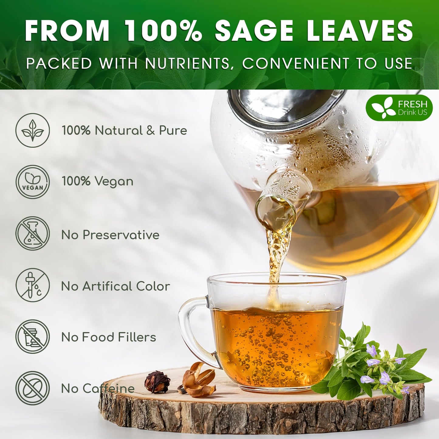 FRESHDRINKUS Sage Leaf Tea Bags, 100% Natural Herbal Tea, 35 Bags, Vegan, Caffeine-Free, No Sugar, No Gluten