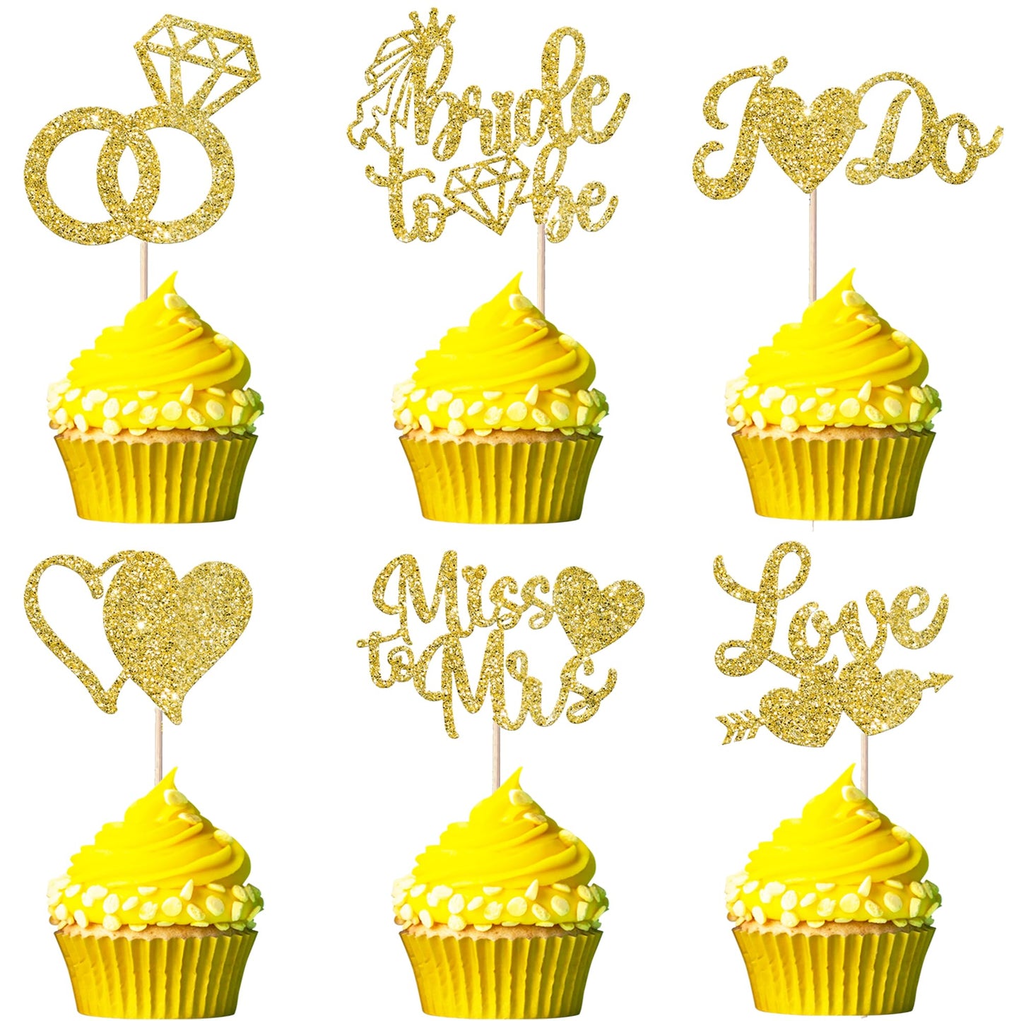 YCTHUNFISH Bridal Shower Cupcake Toppers, 36 Pack Glitter Diamond Ring Picks, Gold, Bamboo