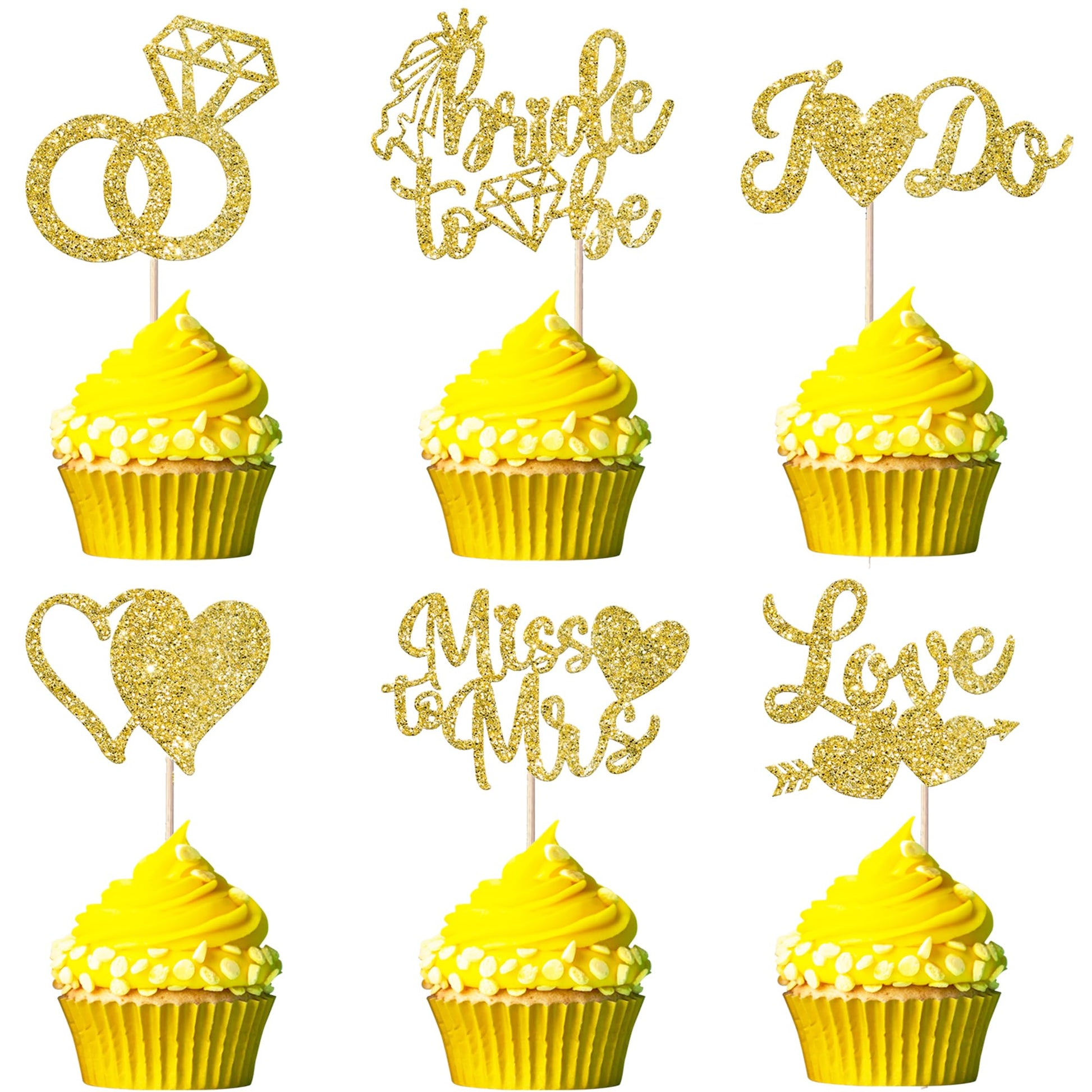 YCTHUNFISH Bridal Shower Cupcake Toppers, 36 Pack Glitter Diamond Ring Picks, Gold, Bamboo