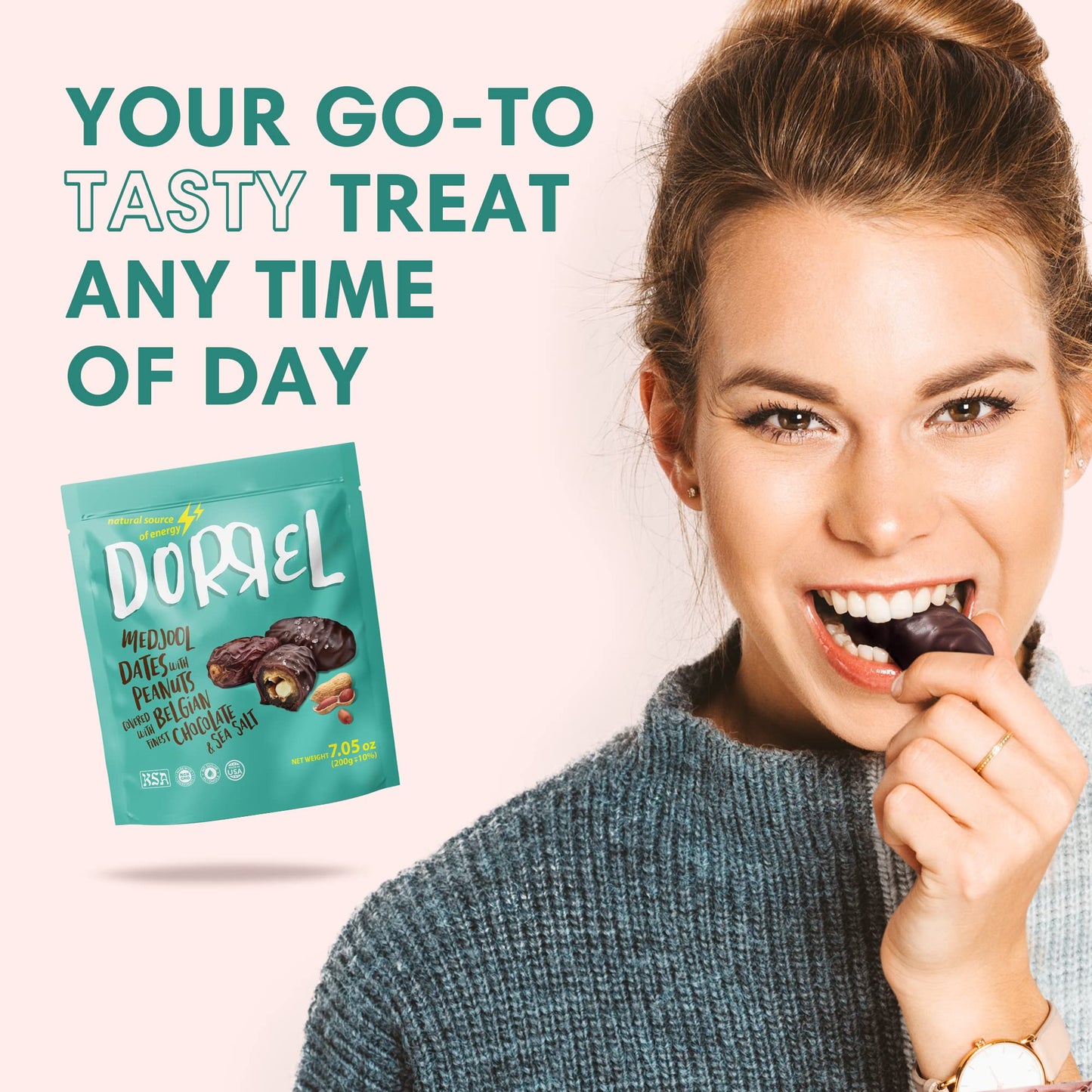 Dorrel - Belgian Dark Chocolate Covered Dates (Medjool) With Salted Peanuts Stuffing, High Energy Vegan Choco Snack, Delicious,