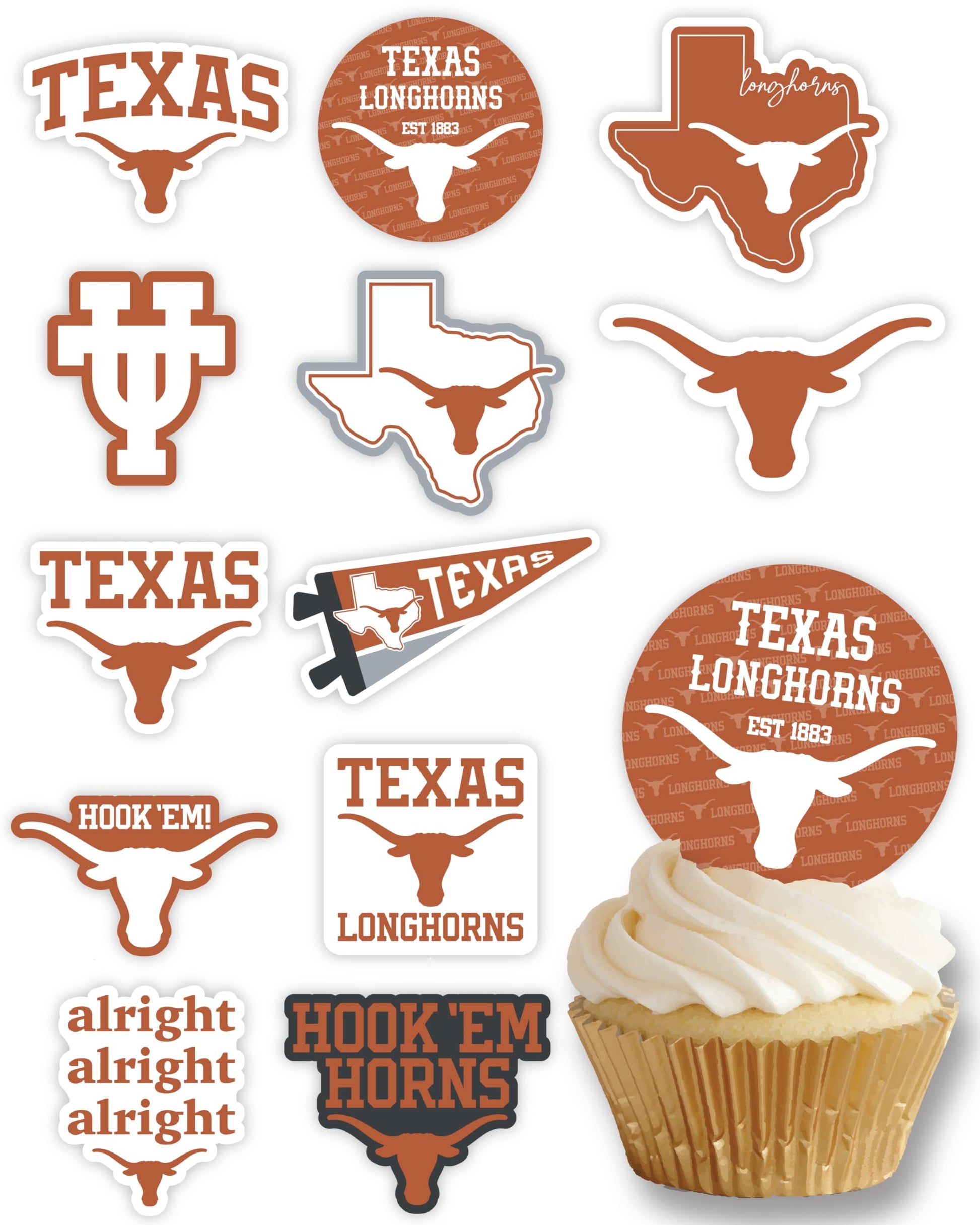 Texas Longhorns Cupcake Toppers (24 Pcs) University Of Texas Longhorns Party Supplies For Ut Austin Football, Birthday Gift, Gra