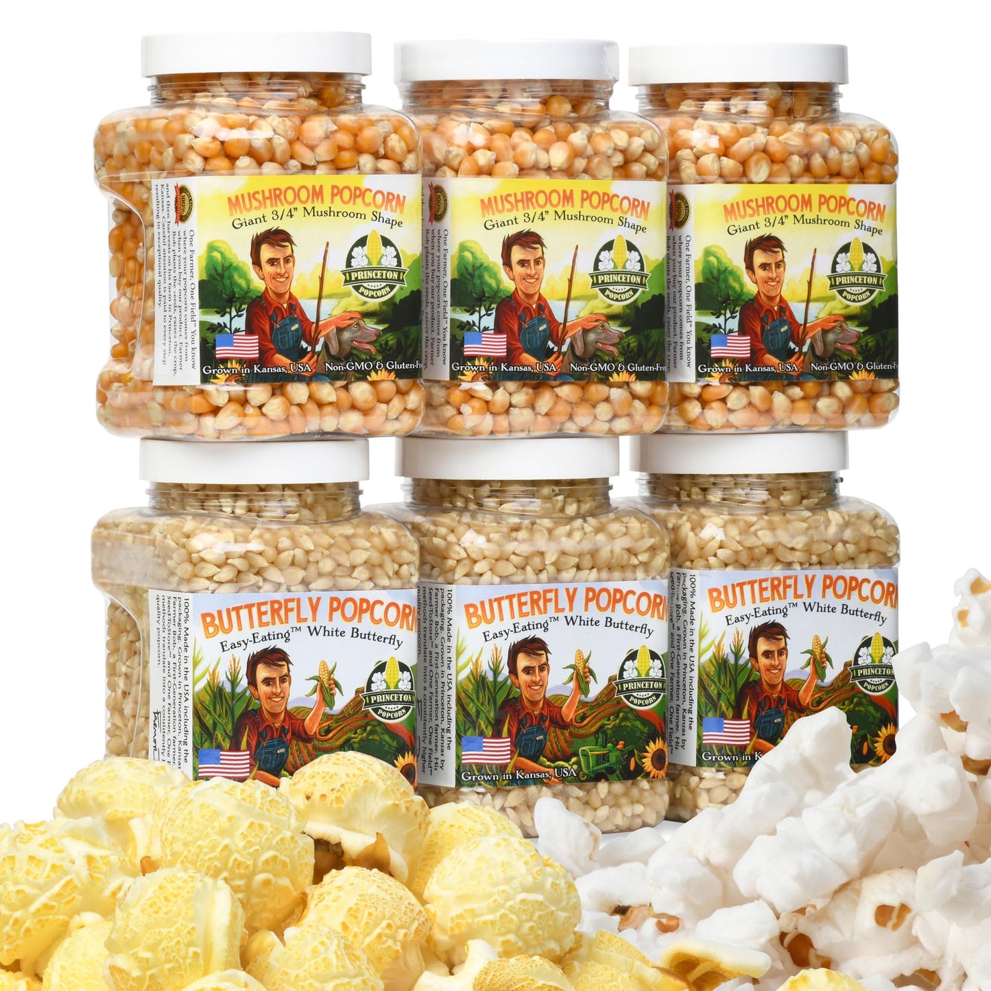 Princeton Popcorn Hulless Popcorn Kernels, Easy-Eating, Non-GMO, 6-Pack, 96oz, Brown and White