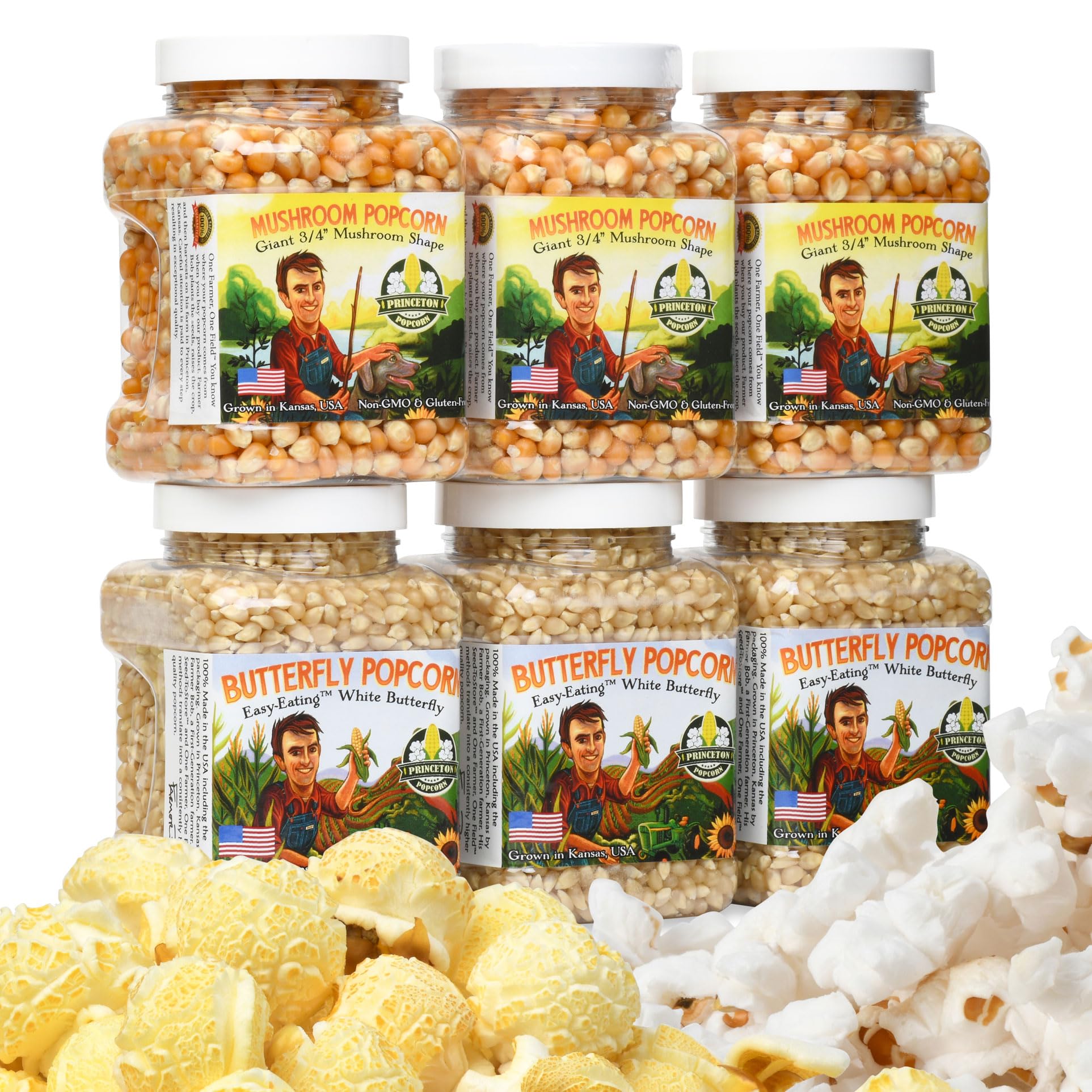 Princeton Popcorn Hulless Popcorn Kernels, Easy-Eating, Non-GMO, 6-Pack, 96oz, Brown and White