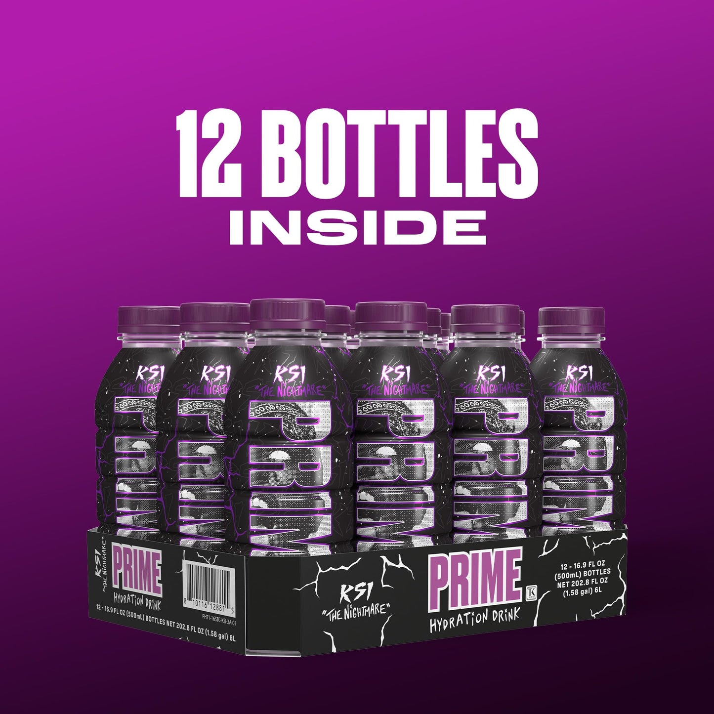 PRIME Hydration KSI THE NIGHTMARE  Sports Drinks  Electrolyte Enhanced to Replenish Fluids  250mg BCAAs  B Vitamins  Antioxidants  Low Sugar  16.9 Fluid Ounce  12 Pack