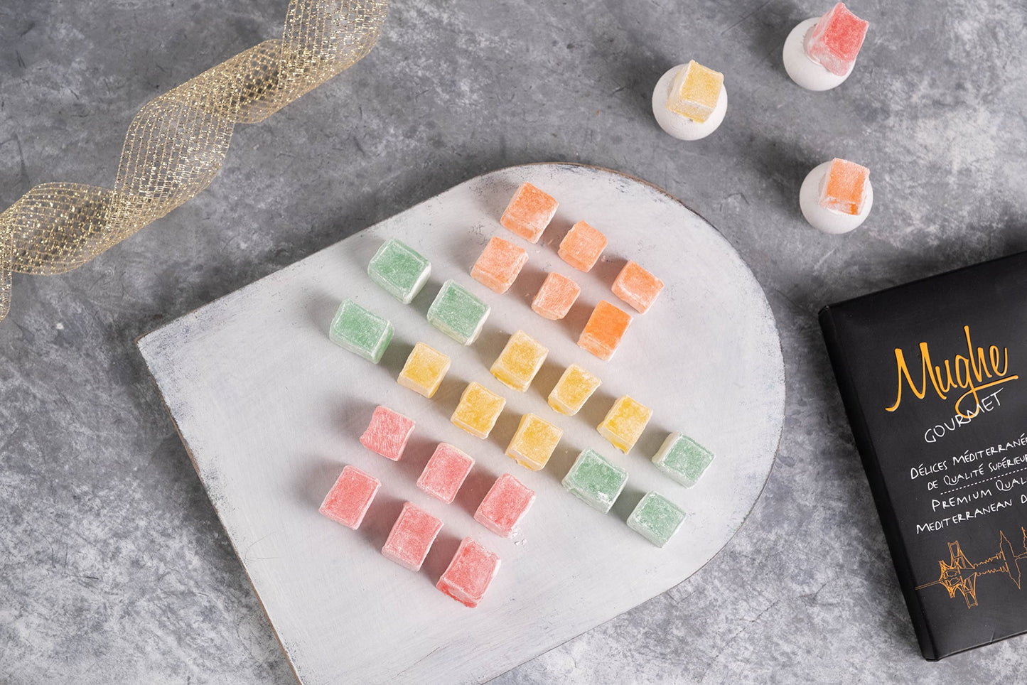 Mughe Gourmet Turkish Delight Candy Gift Box - 13.05Oz/370G - Halal Vegan Lokum Fruit Flavors Rose, Strawberry, Lemon, Orange, Mint - Gifts For Special Occasions, Halloween, Christmas, Birthdays