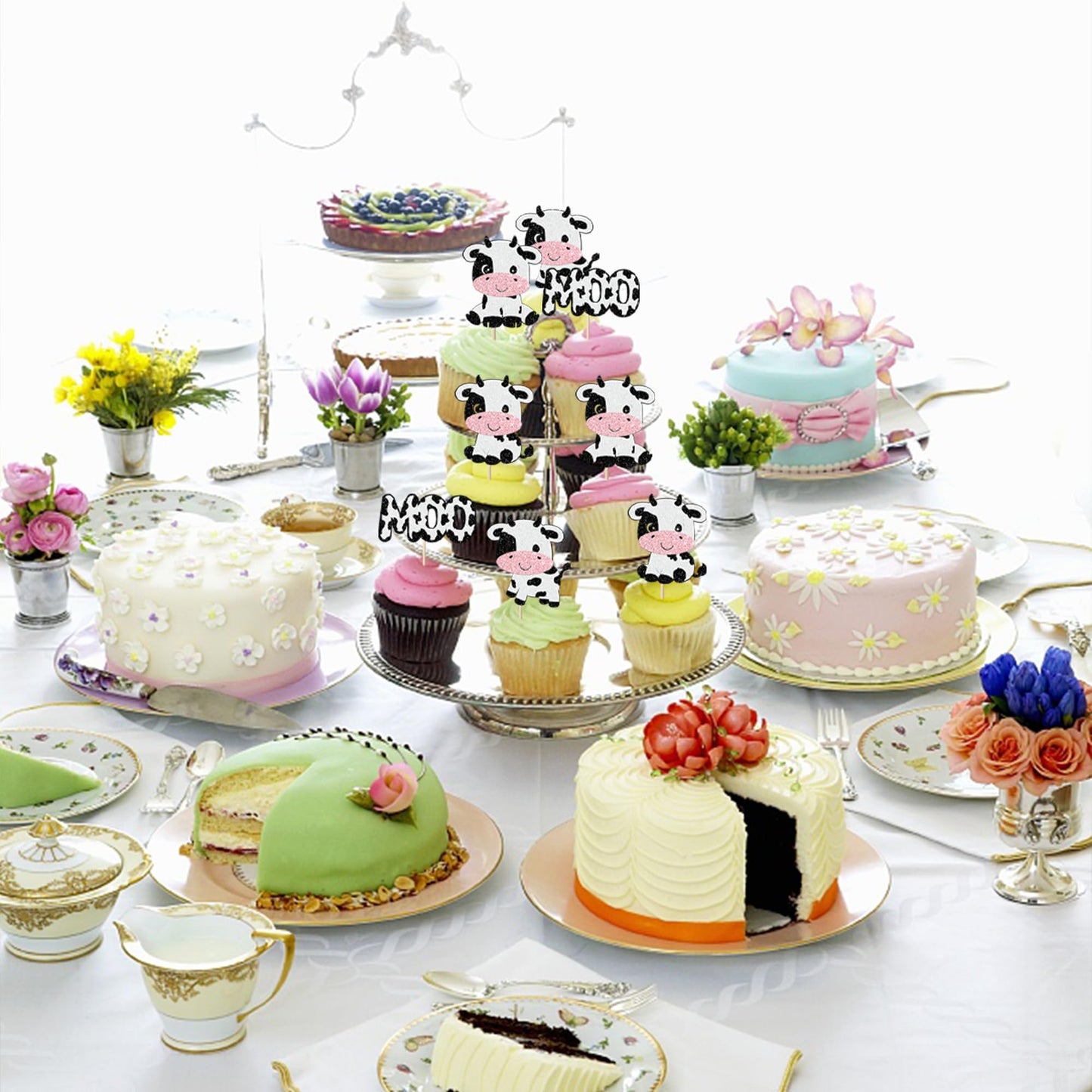 Rssta i Cow Cupcake Toppers - 24 Pack Glitter Farm Animals - 2.1-4.9 inches - Design 11 for Baby Shower & Birthday Party Decorations