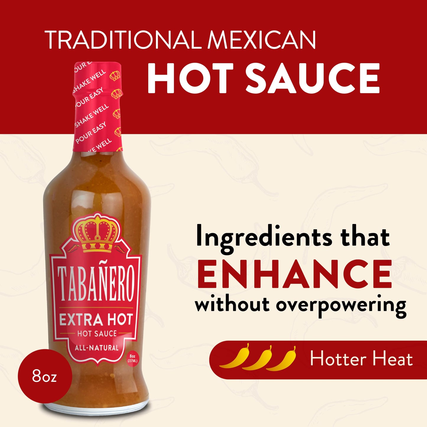 Tabaero Extra Hot Sauce, 8 oz Glass Bottle, Gourmet Spicy Sauce Gift, All Natural, Low Sodium, Made in the USA