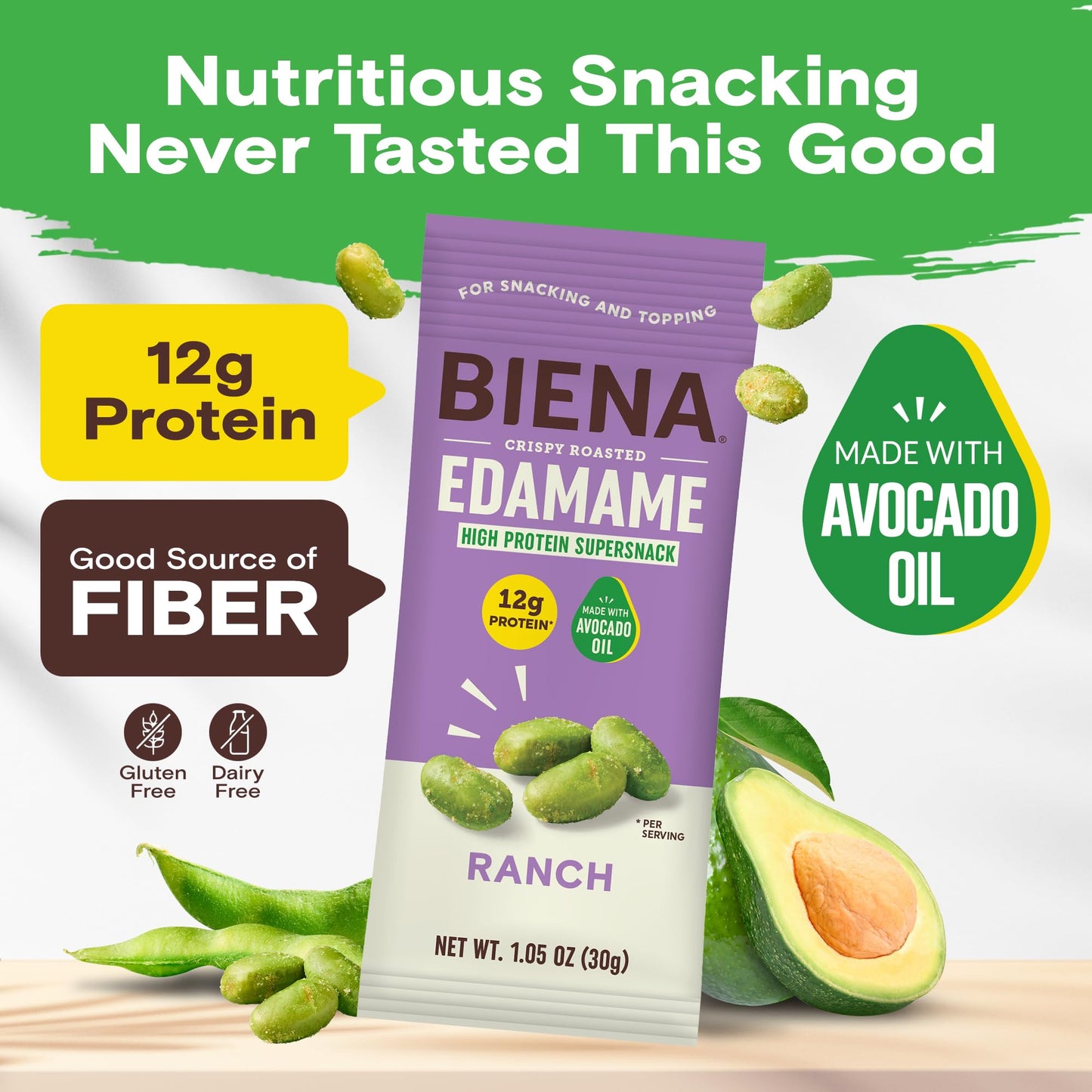 Biena Crispy Roasted Edamame Beans Snack - High Protein Low Carb Snack for mature-themeds & Kids  12g Protein per Serving - Made w/Avocado Oil - Vegan  Gluten-Free - 10-Pack  1.05oz Bags  Ranch