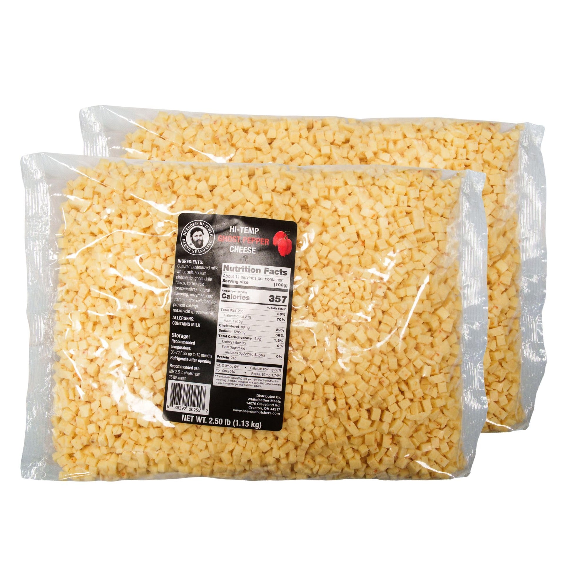 Bearded Butchers High-Temp Ghost Pepper Cheese  Pack Of 2 (2.5 Lb Bags  5 Lbs Total) - Extra Hot Spicy Cheese With Ghost Pepper Flavor For Sausage  Brats  Snack Sticks  Burgers  Made In Usa