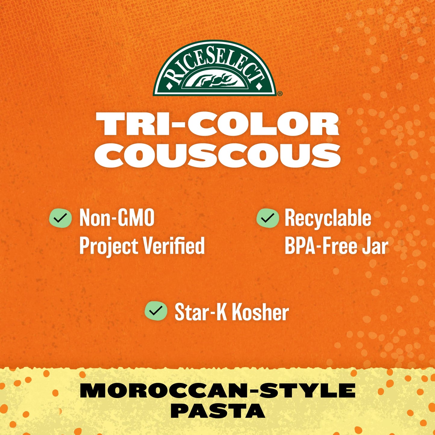 Riceselect Tri-Color Couscous, Moroccan-Style Couscous Pasta, Non-Gmo And Certified Kosher By Star K, 26.5-Ounce Jar, (Pack Of 1)
