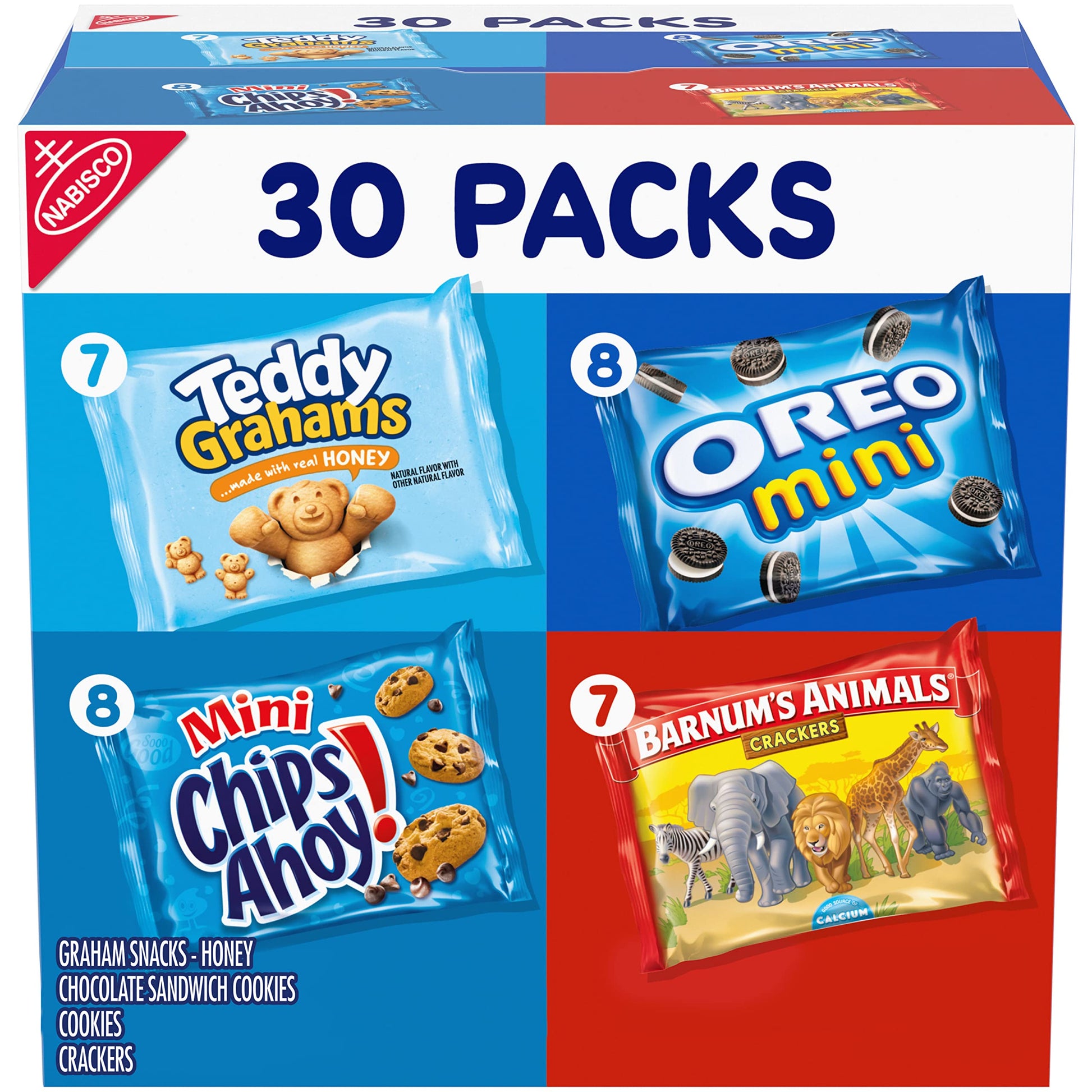 Nabisco Team Favorites Variety Pack, OREO Mini, CHIPS AHOY! Mini, Teddy Grahams Honey & Barnums Animal Crackers, 30 Snack Packs