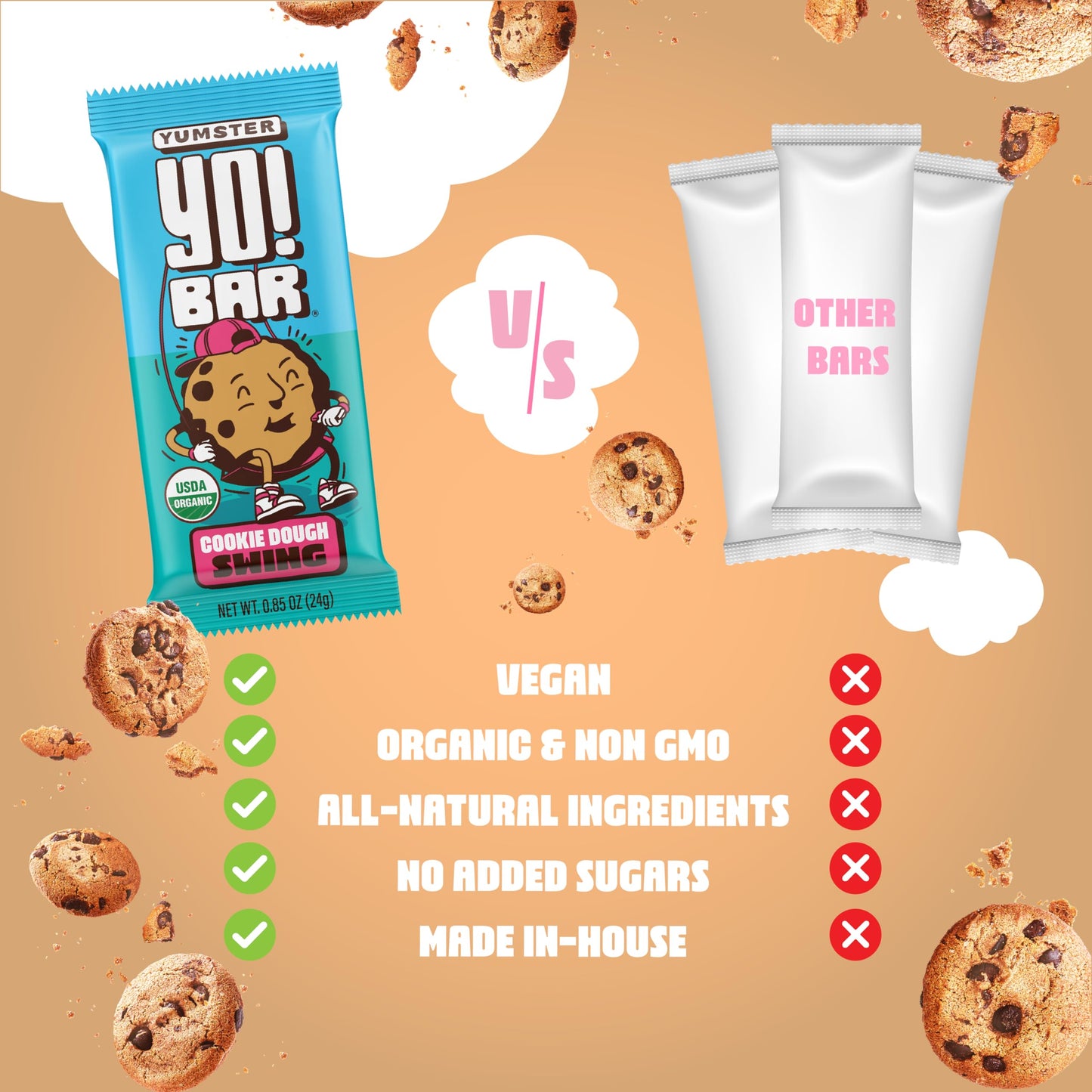 Yo! Bar By Bearded Brothers Vegan Organic Kids Bar, Cookie Dough (25 Bars) - Gluten Free, Paleo And Whole 30 | Soy Free, Non-Gmo, Low Glycemic, No Sugar Added, Fiber + Whole Foods