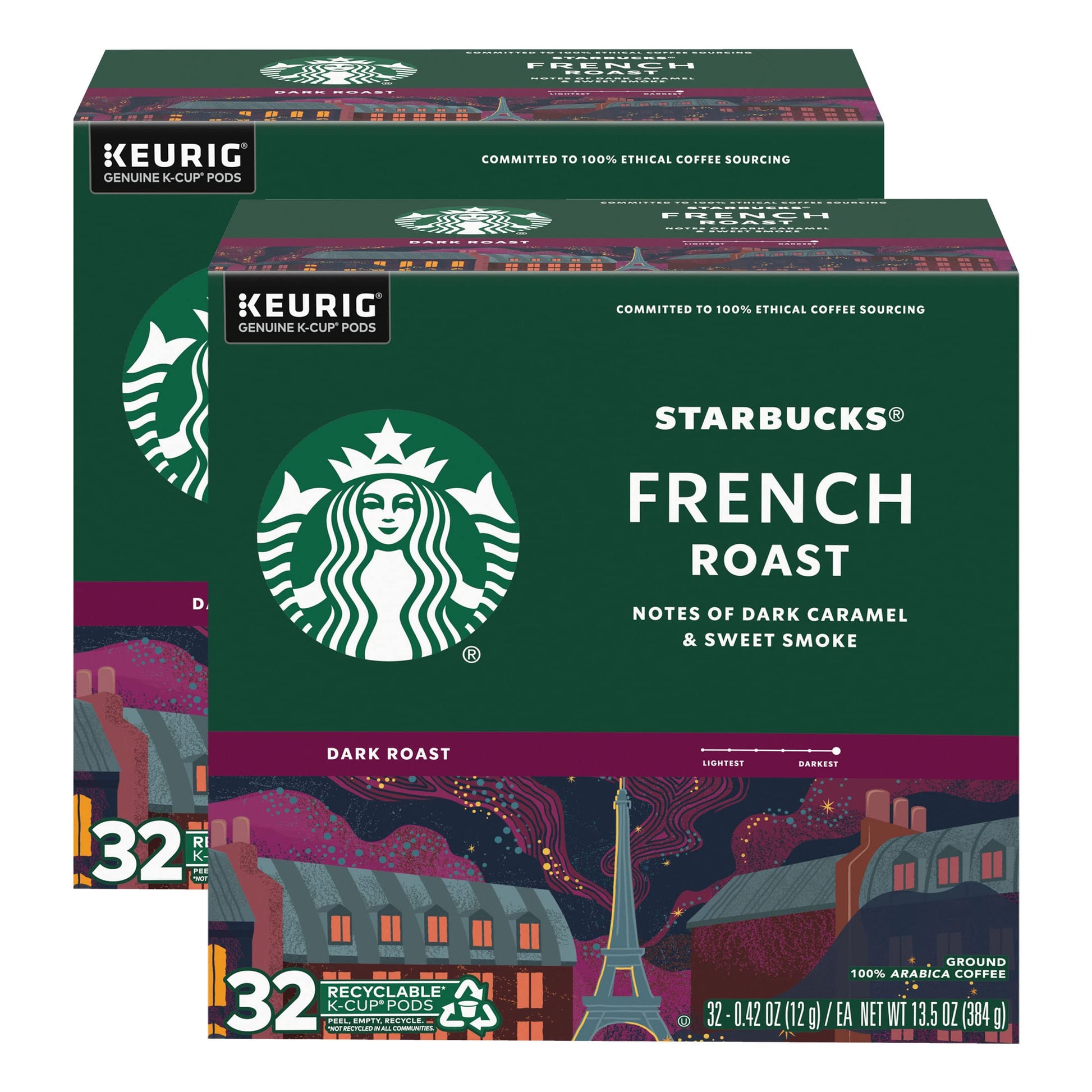 Starbucks Coffee K-Cup Pods, French Roast, Dark Roast Coffee, Notes Of Dark Caramel & Sweet Smoke, Keurig Genuine K-Cup Pods, 32