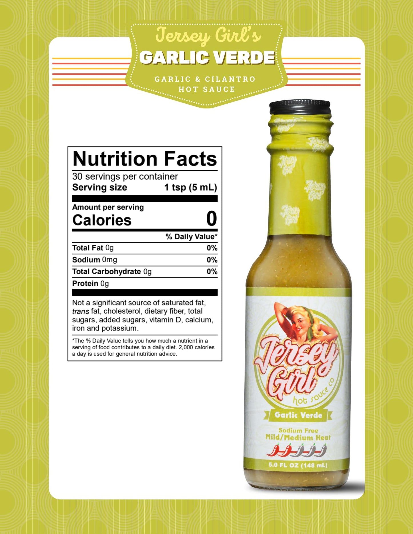 Jersey Girl Hot Sauce - Garlic Verde - No Added Salt - Naturally Sodium Free - All-Natural Healthy Ingredients With Hand-Picked