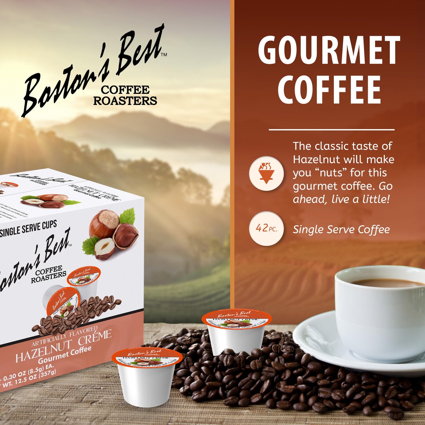Bostons Best Gourmet Coffee - Hazelnut Creme Flavor, Compatible with Keurig, 42 Single Serve Cups, Model 017809009080