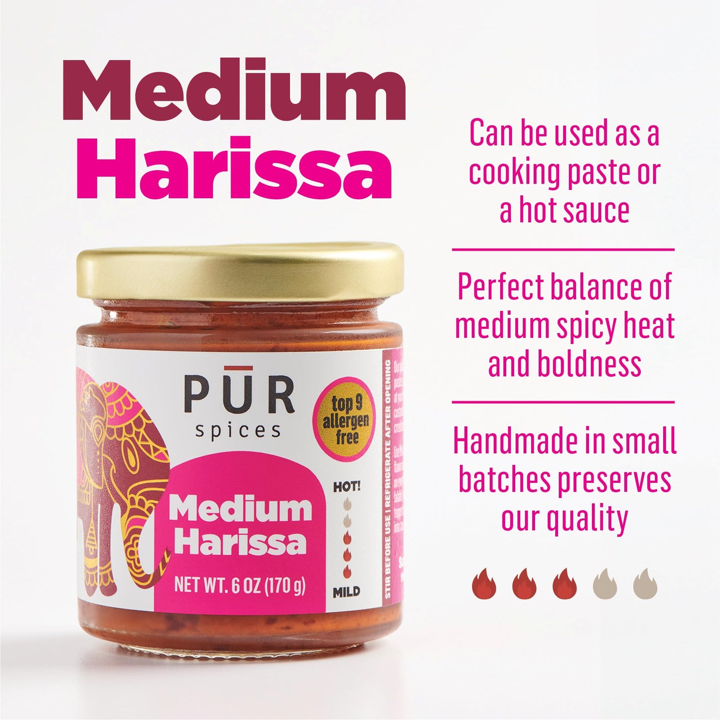 PUR Spices Medium Harissa Paste I Hot Sauce for Cooking and Dipping I Spicy Chili Pepper and Garlic Paste | Middle Eastern Inspi