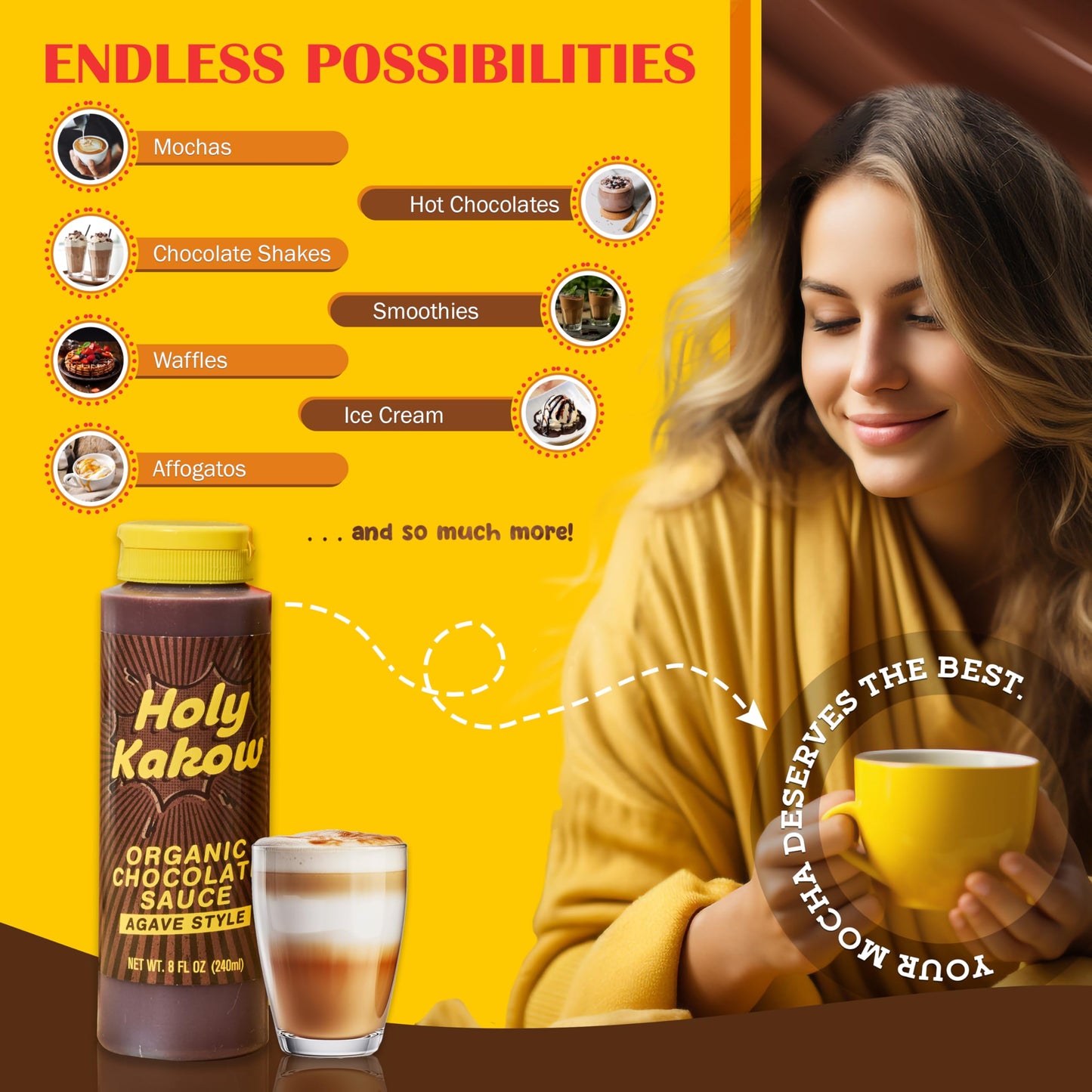 Holy Kakow Organic Chocolate Sauce - Chocolate Syrup, Organic, Sugar Free, Sweetened With Agave, Real Food Ingredients, Specific Flavor - 8Oz, 1-Pack