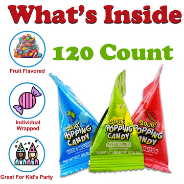 Popping Candy Bulk Assortment  120 Count Individually Wrapped Fun Size Packs of Sour Candy  3 Assorted Fruit Flavors  Popping Rocks Variety Pack  Party Bag Favors for Kids