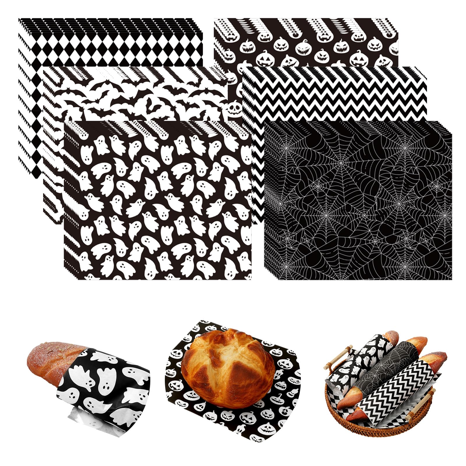 240Pcs Halloween Wax Paper Ghost Bat Pumpkin Spiderweb Deli Paper Black White Sandwich Wrap Tissue Waterproof Oil-Proof Picnic Liner For Party Kitchen  9.8 X 8.3 Inch